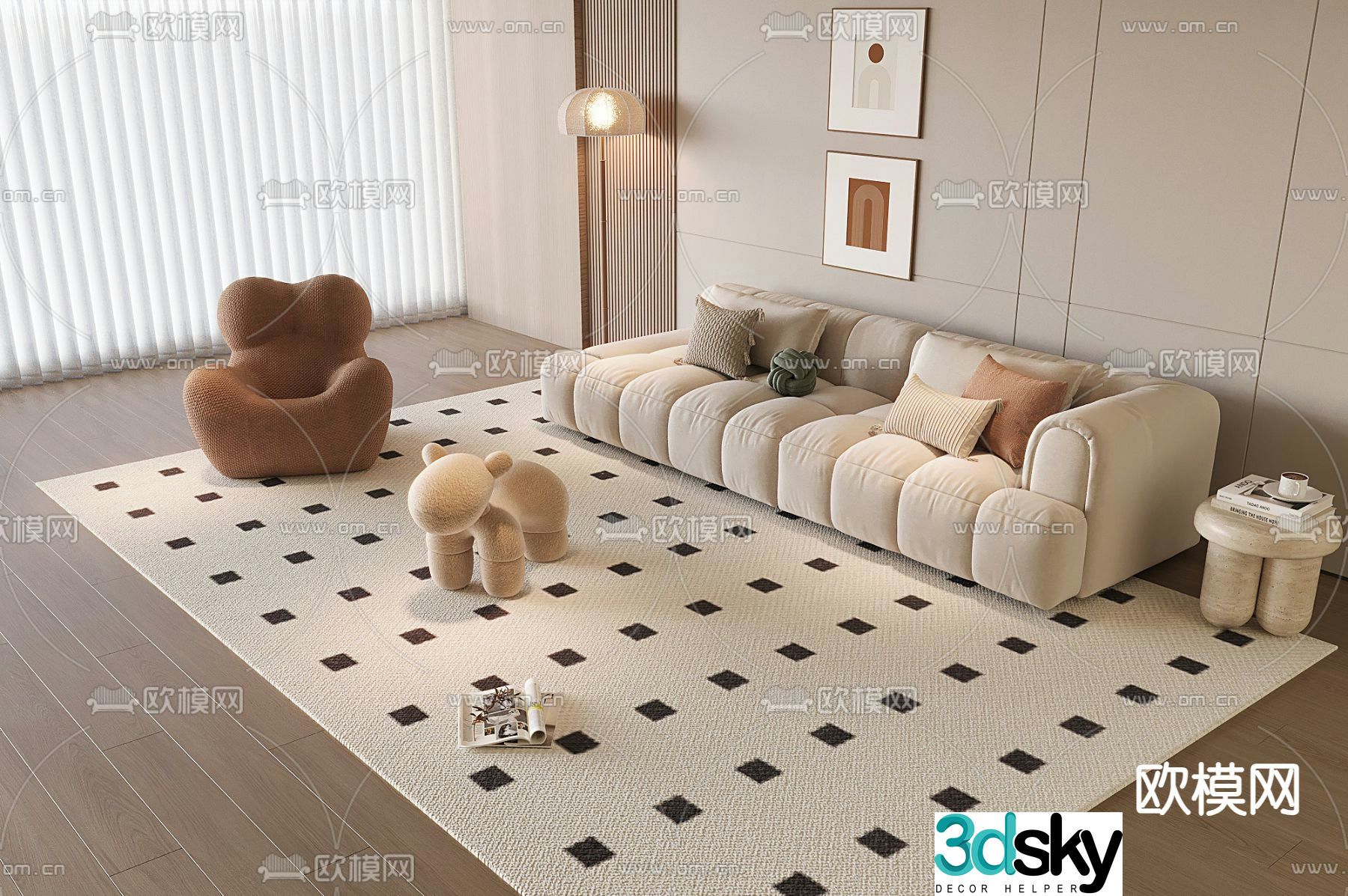 Cream style sofa bread sofa 3d model
