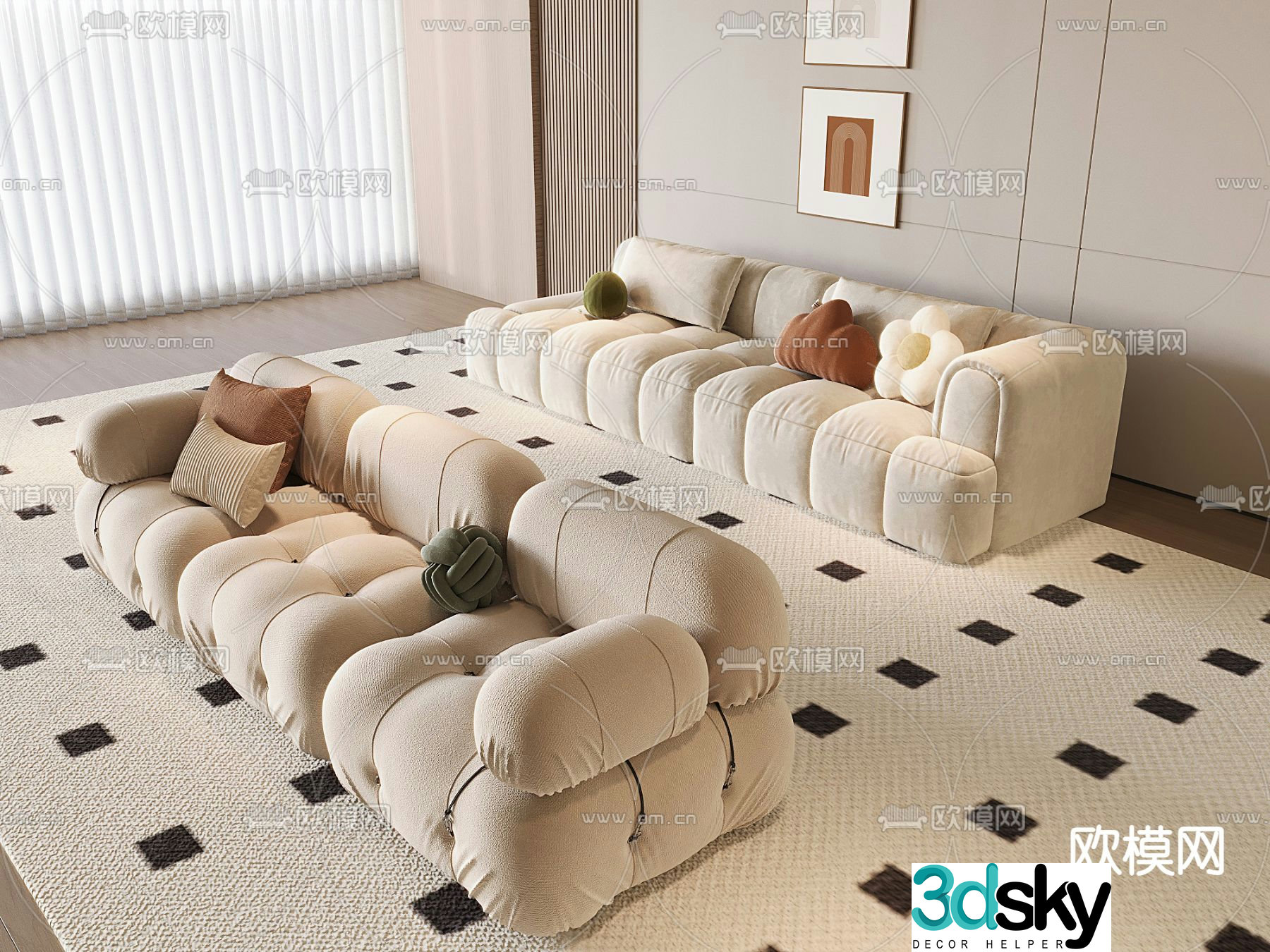 Cream style sofa three person sofa 3d model