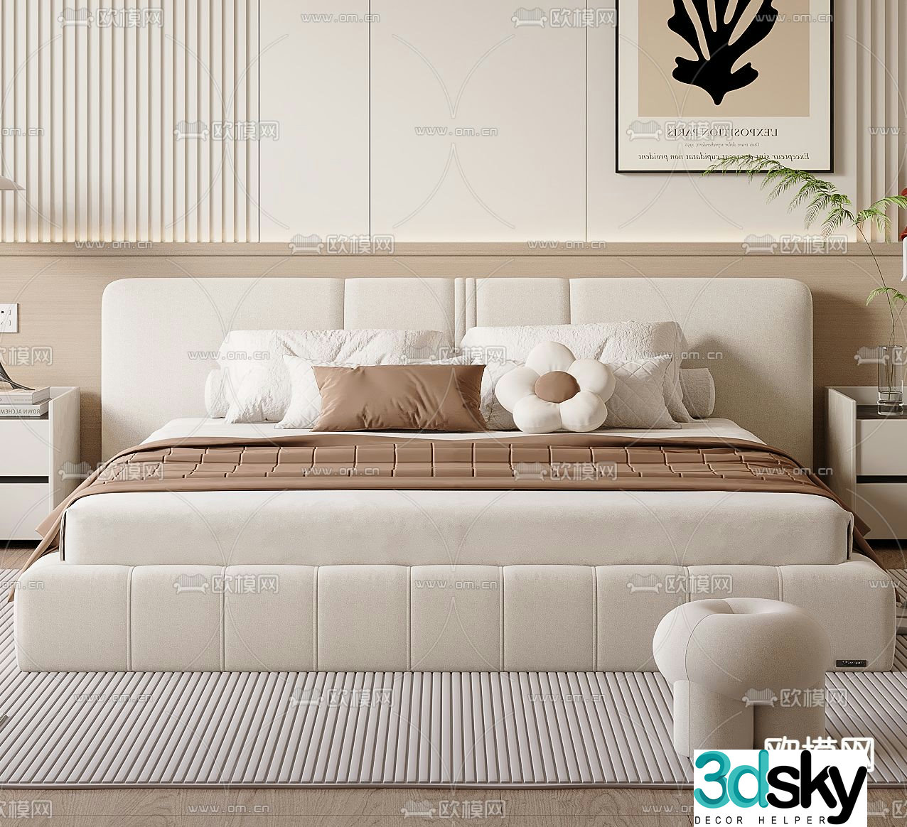 Cream style double bed 3d model