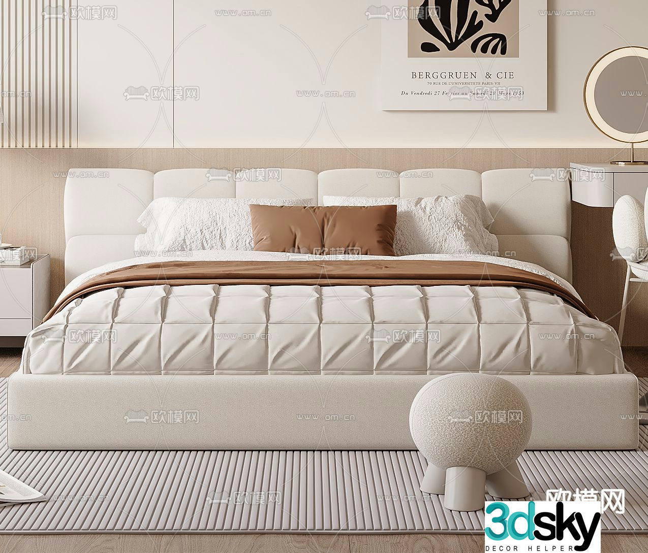 Cream style double bed 3d model