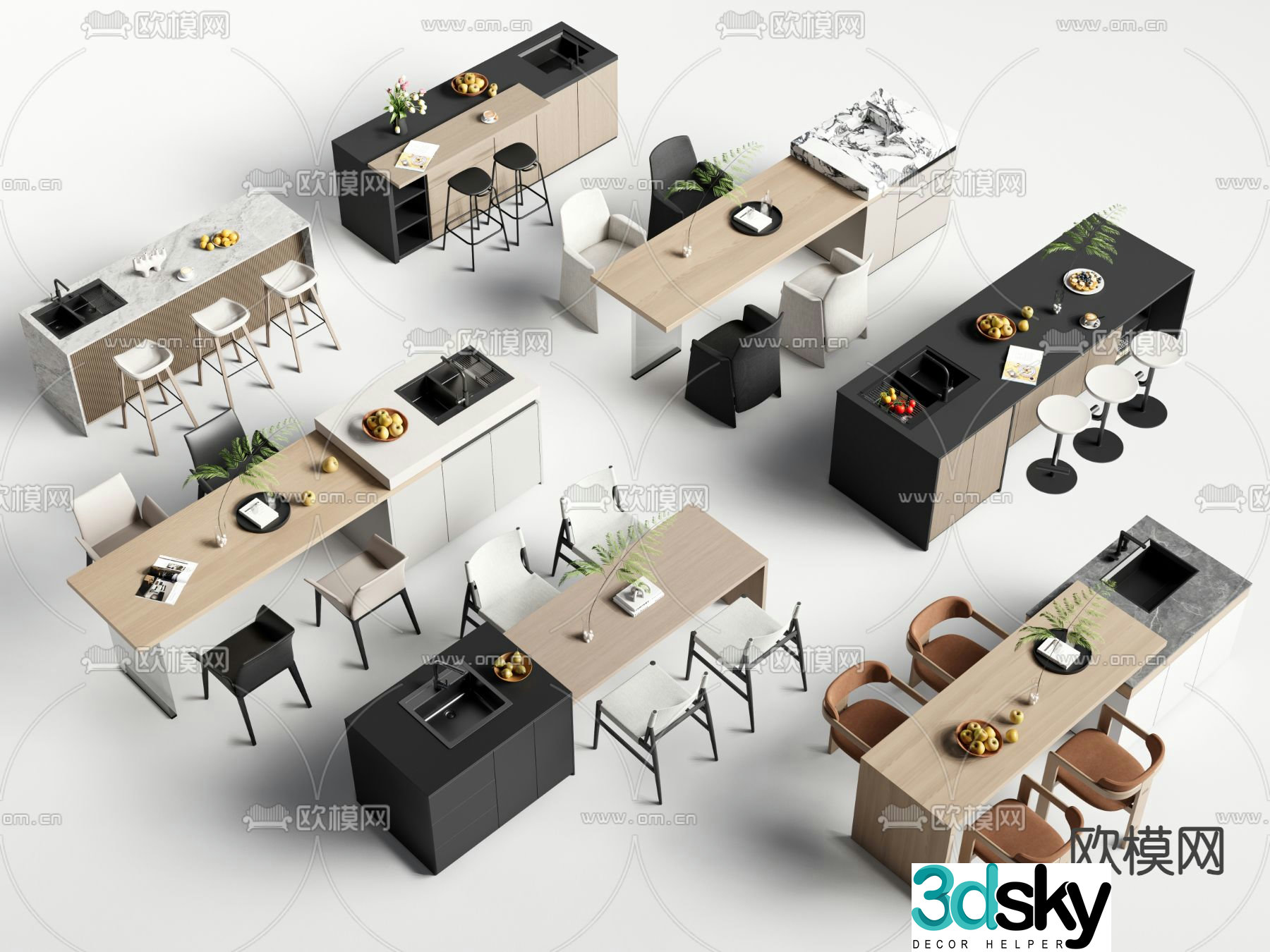 Modern island dining table and chairs 3d model