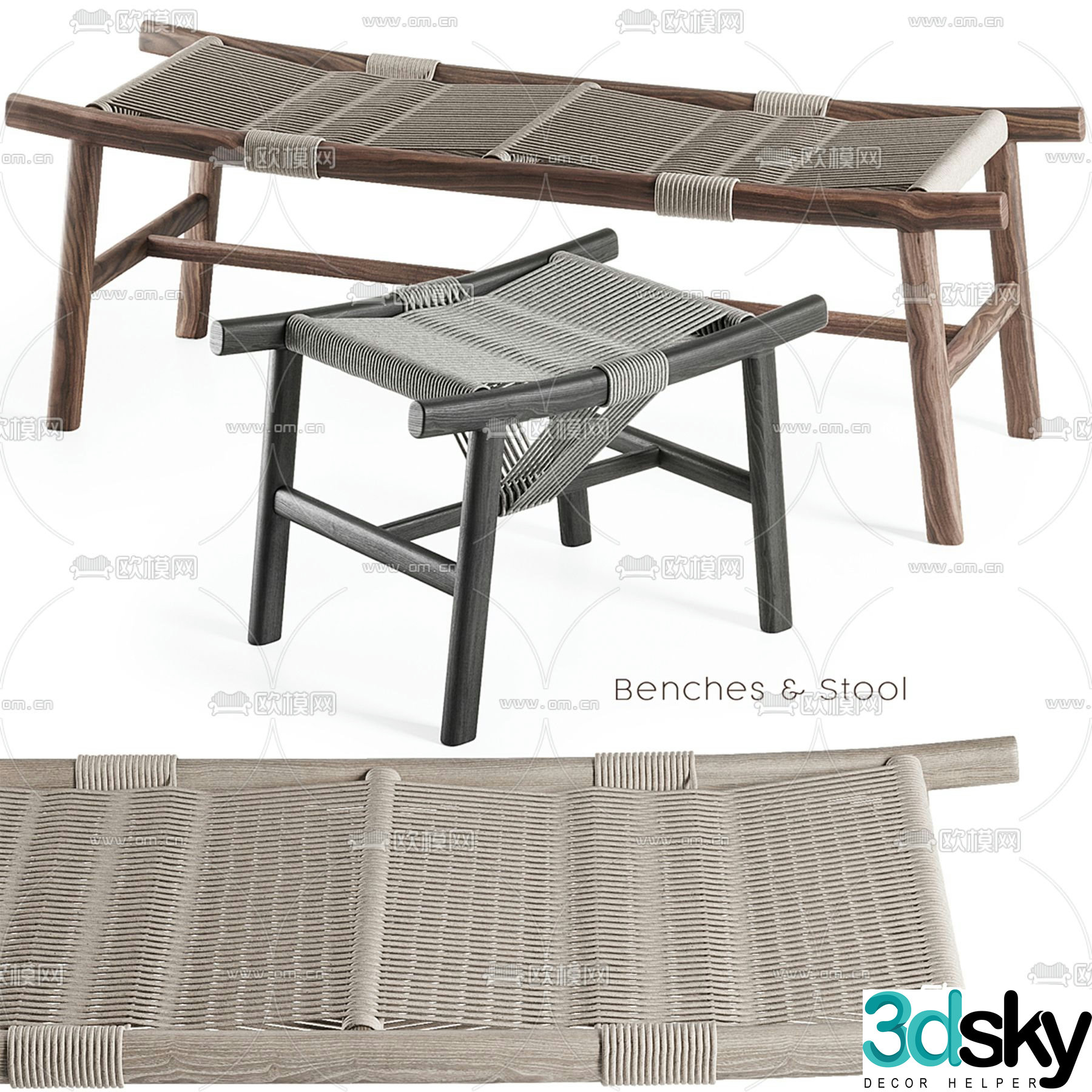 Chinese style solid wood woven bench 3d model