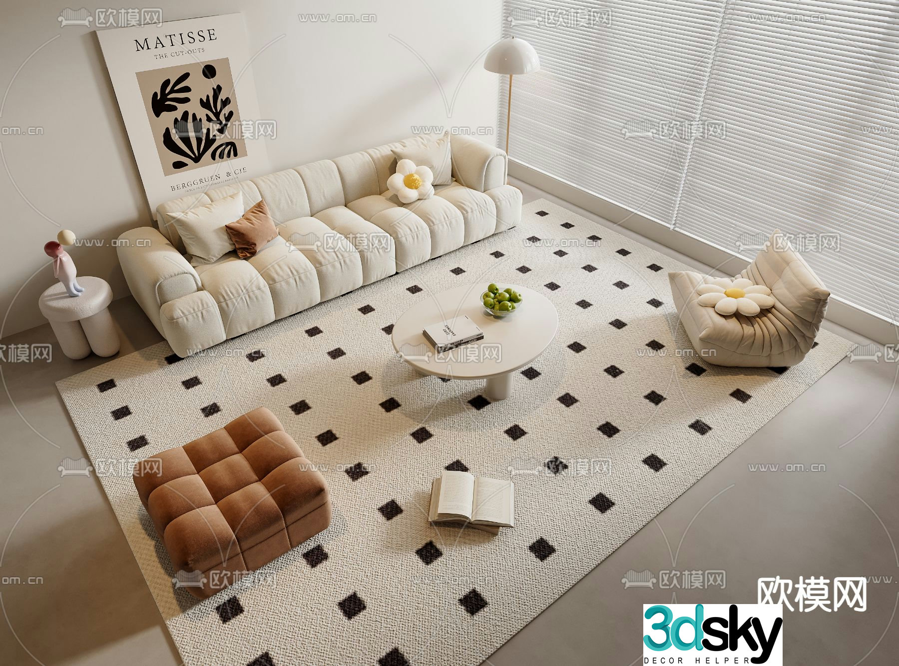 Cream style sofa and coffee table combination 3D model