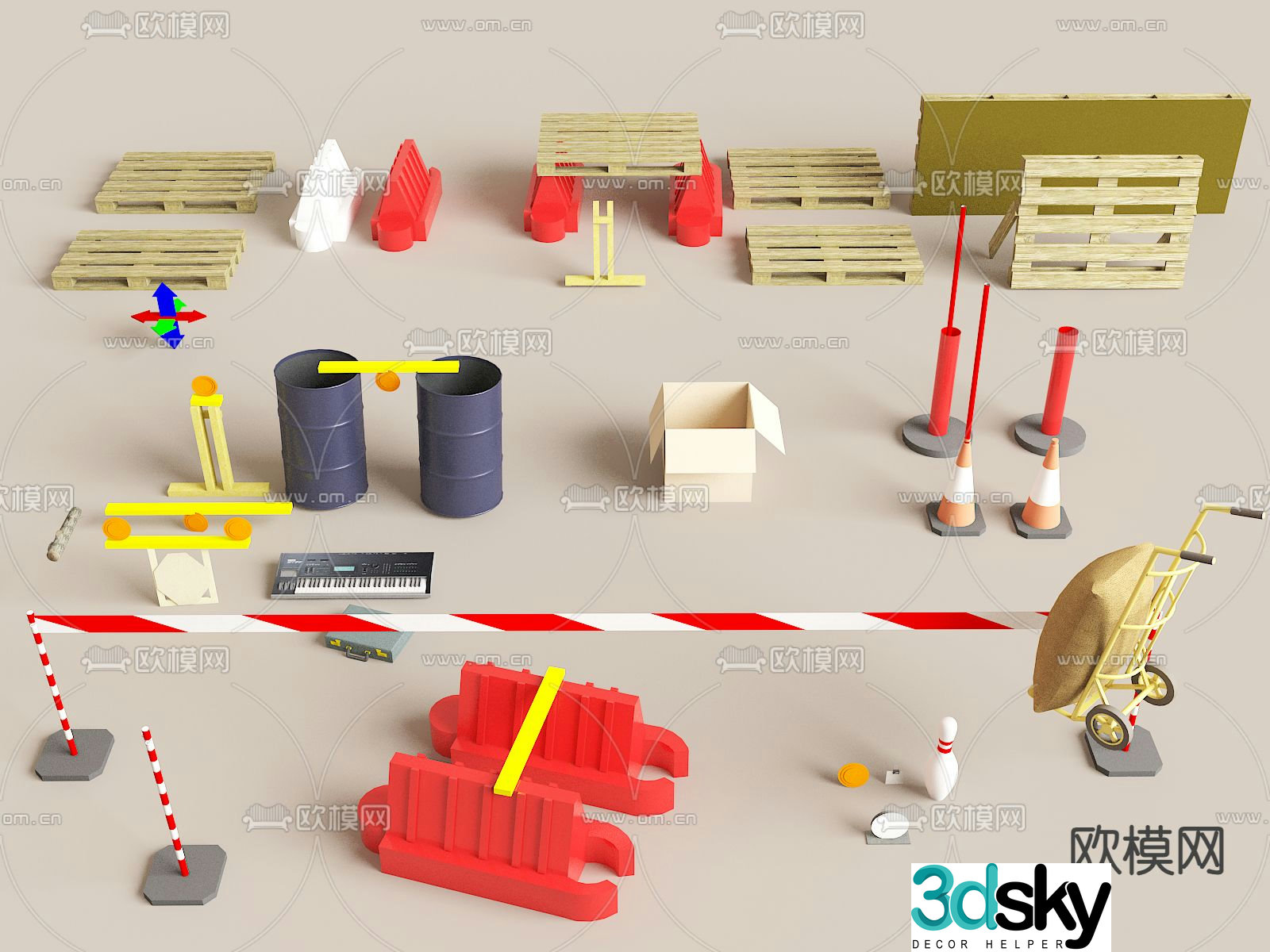Blocking pole, pallet truck, oil drum, industrial equipment 3D model
