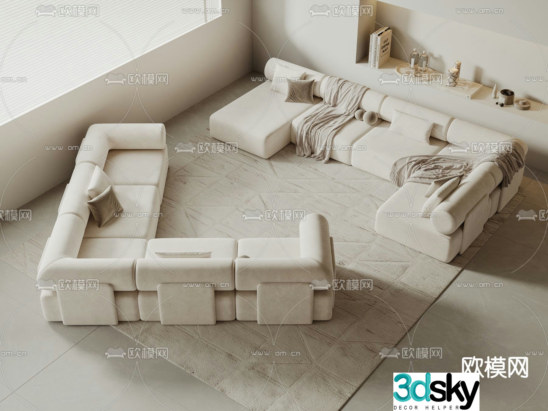 Cream style multi-person sofa 3D model