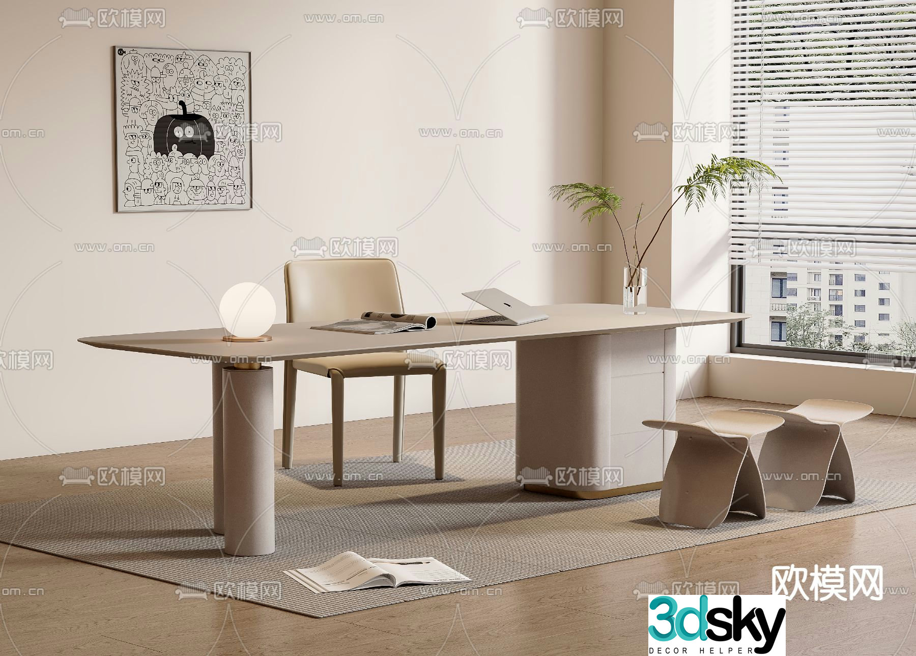 Modern desk computer desk study table 3d model