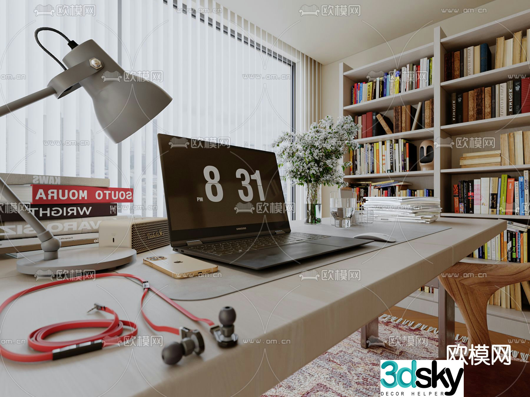 Office supplies desktop accessories computers desk lamps mobile phones 3D model