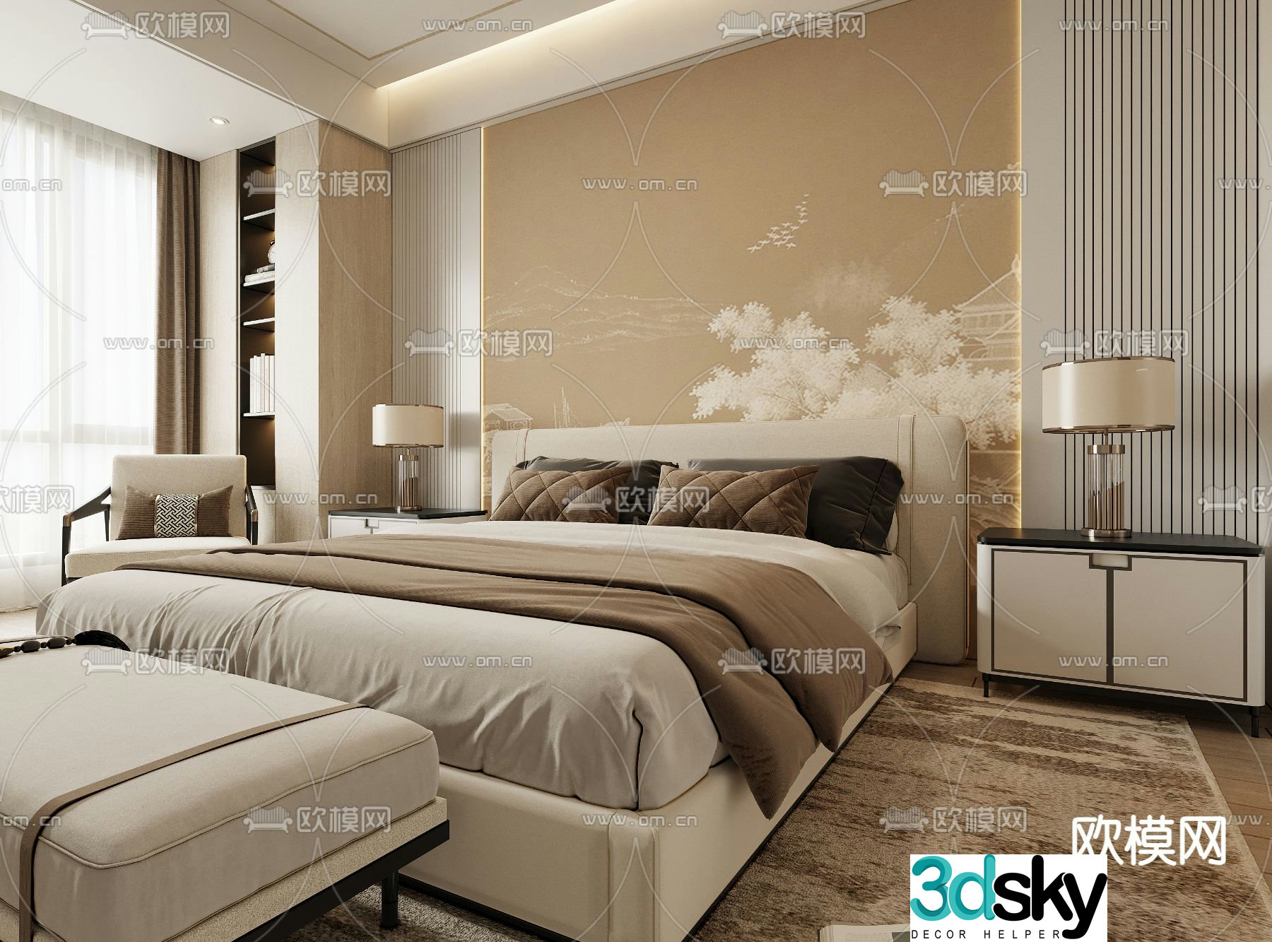 New Chinese style double bed 3d model