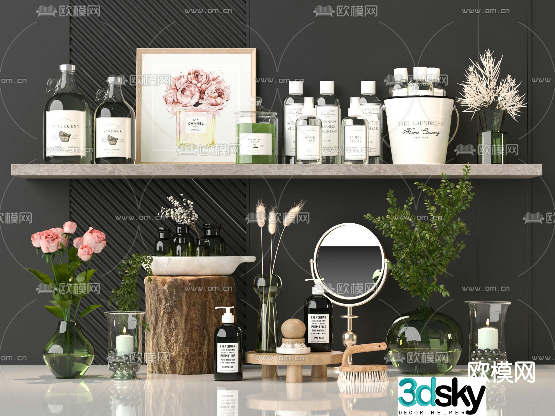 Bathroom supplies Toiletries Skin care products Vase flowers 3D model