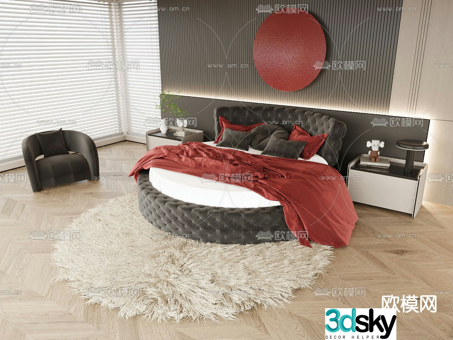 Double bed round bed 3d model