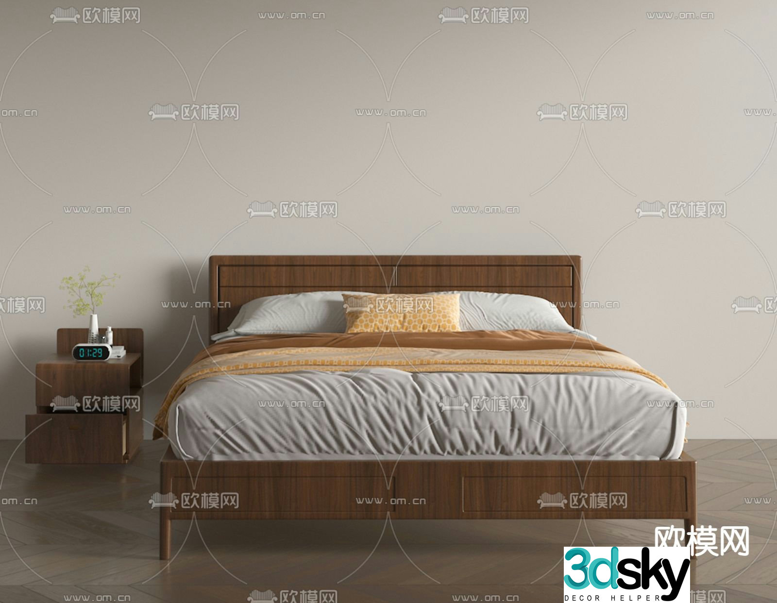 walnut double bed 3d model