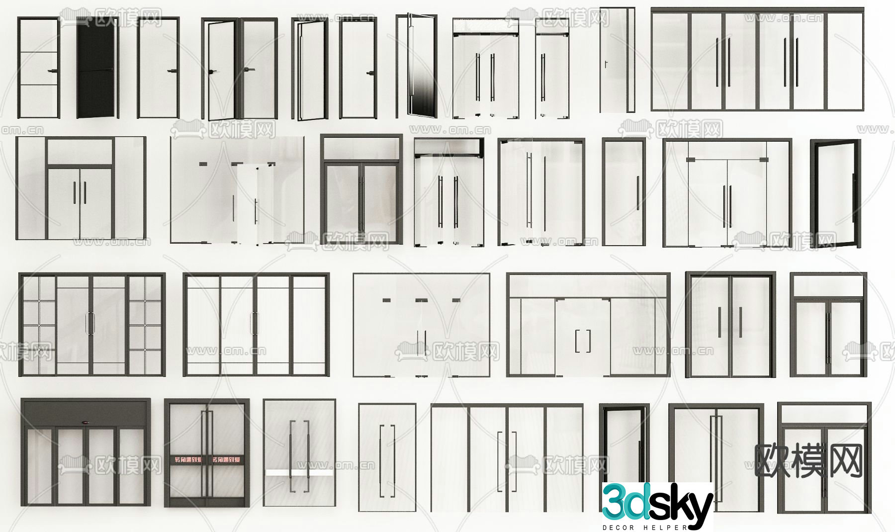 Modern glass door double-open door induction door 3d model