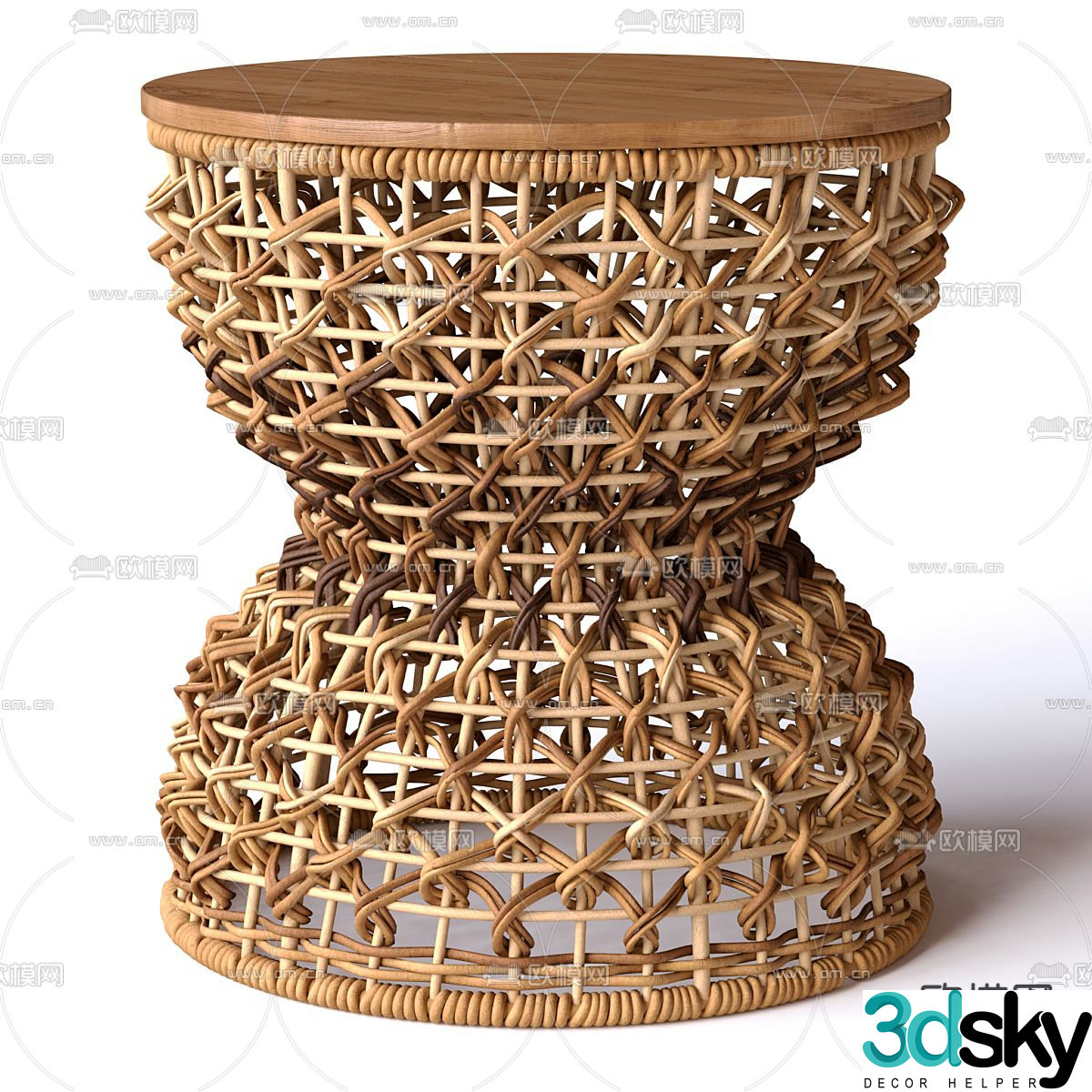Braided rattan stool round stool sitting stool wooden stool 3d model