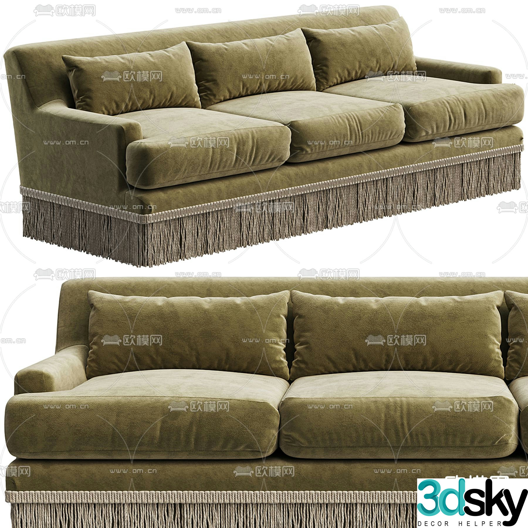 Tassel fabric sofa three seater sofa 3d model