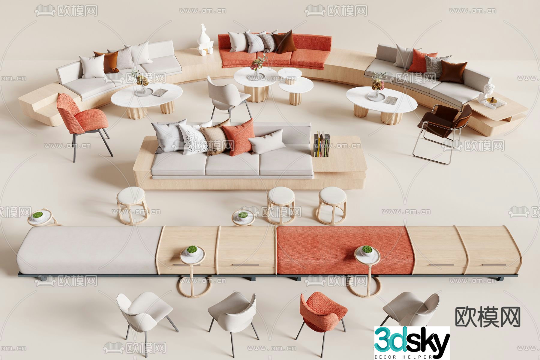 Card seat sofa curved card seat lobby sofa 3d model