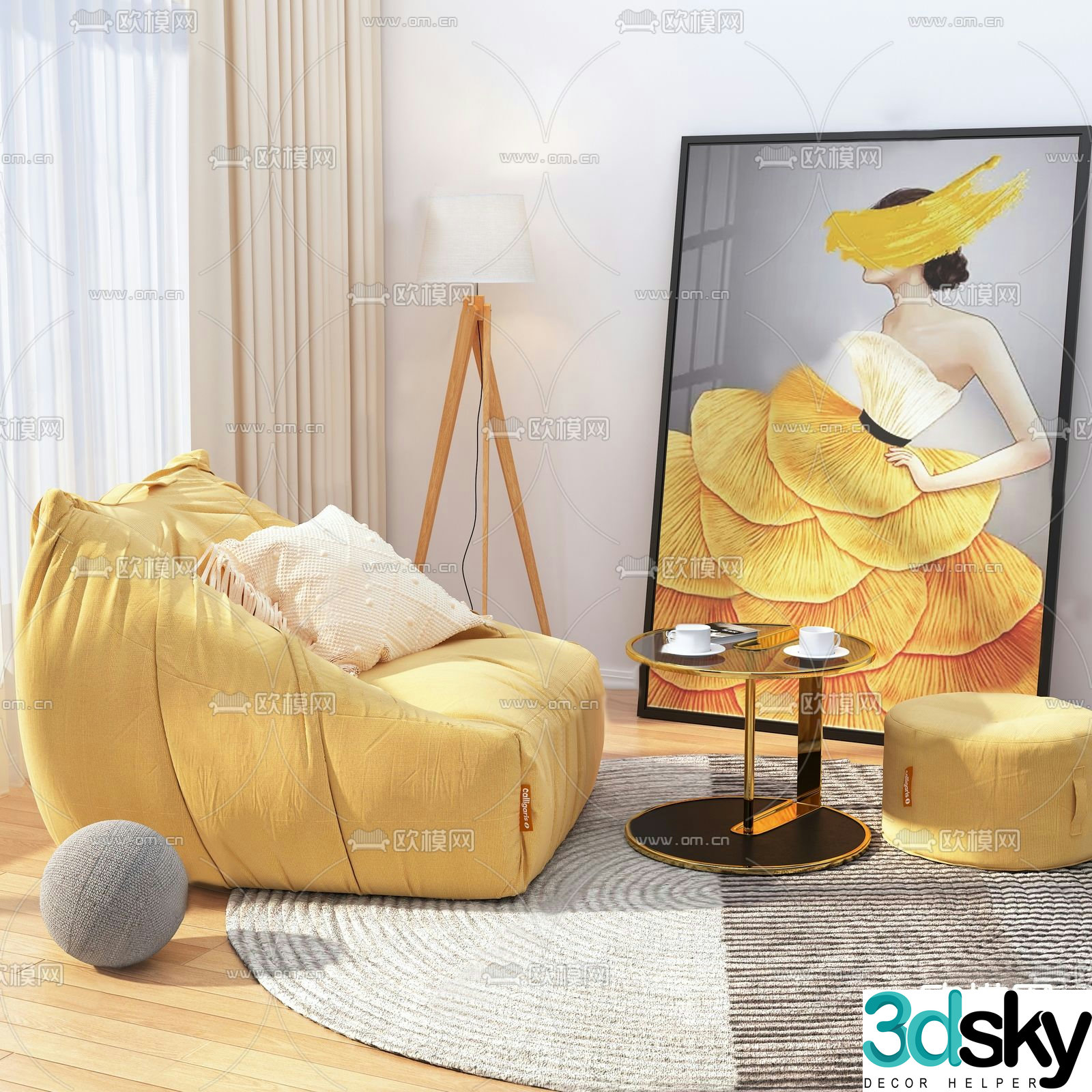 Modern fabric sofa lazy sofa 3d model