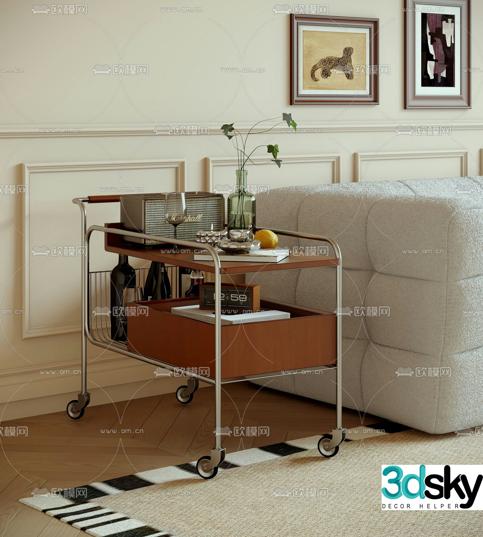 Medieval style side table movable trolley 3D model