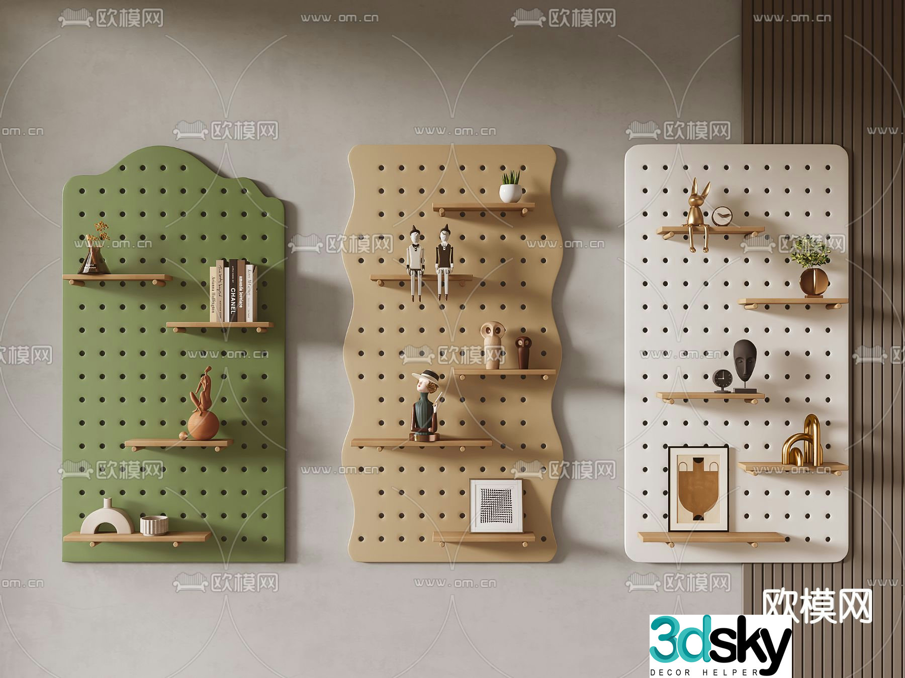 Solid wood perforated board shelf 3d model
