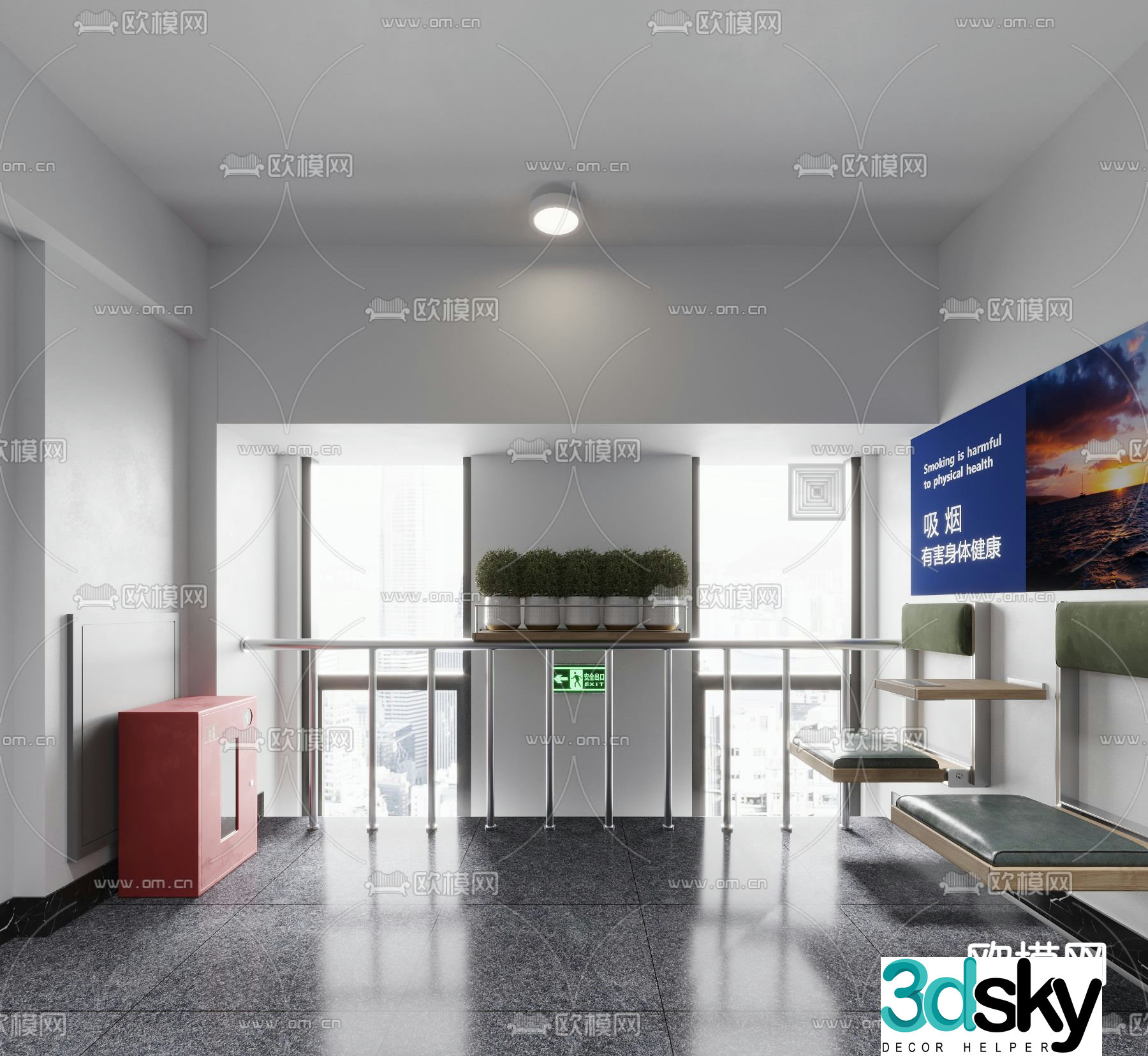 Modern stairwell seating area smoking area 3d model