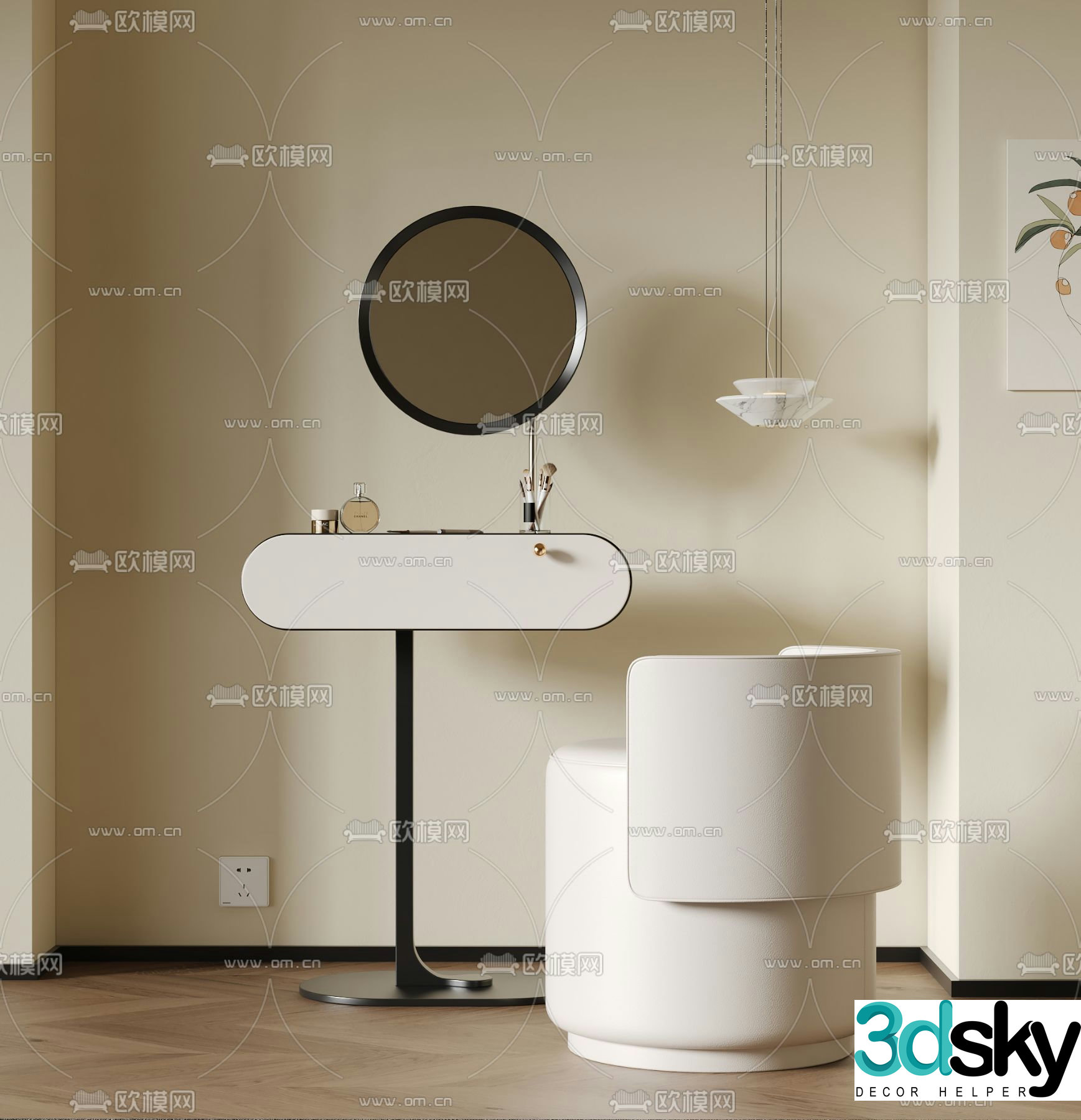 Cream style dressing table makeup stool makeup mirror 3D model