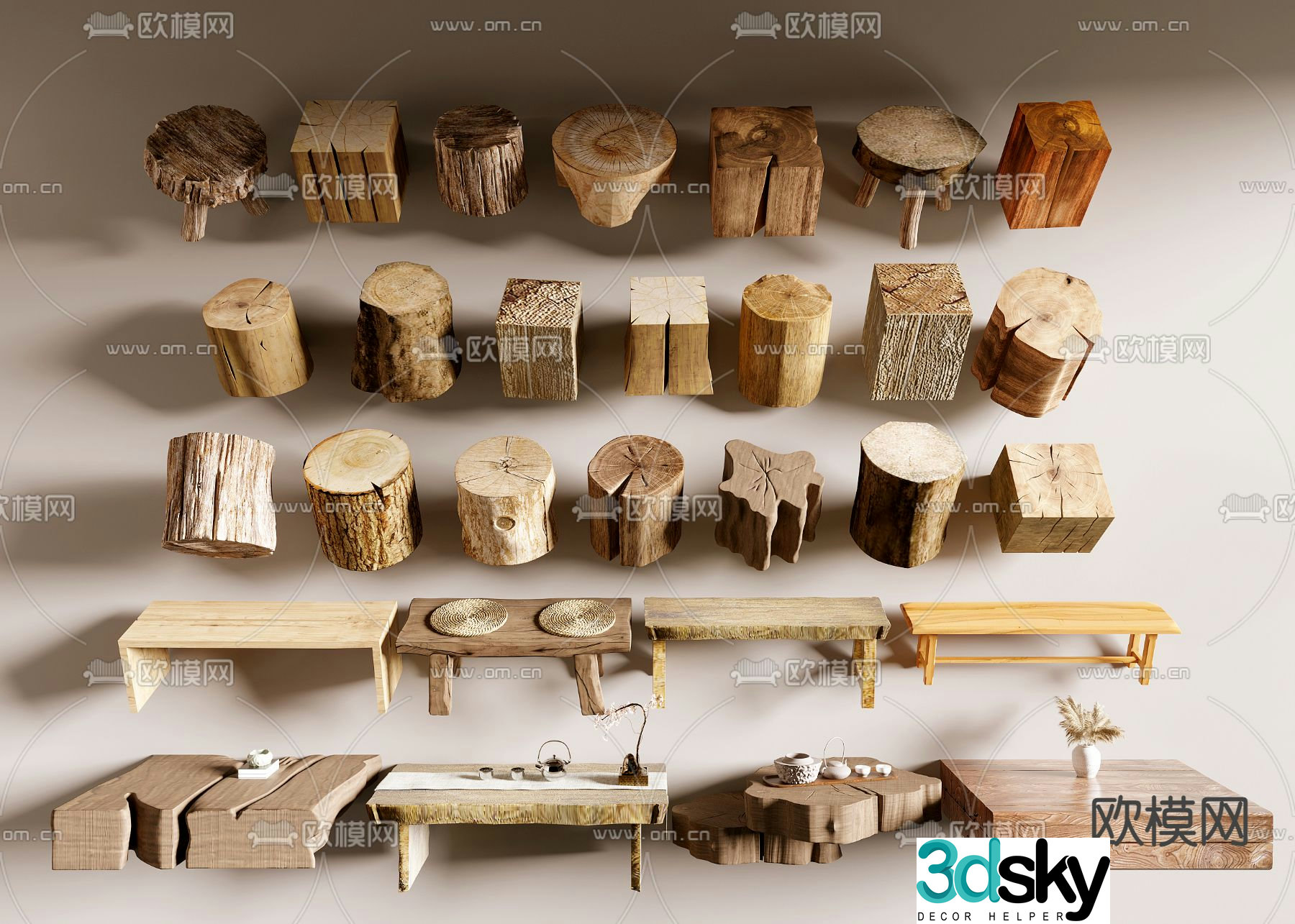 wooden pile wooden stool low stool tree stump 3d model