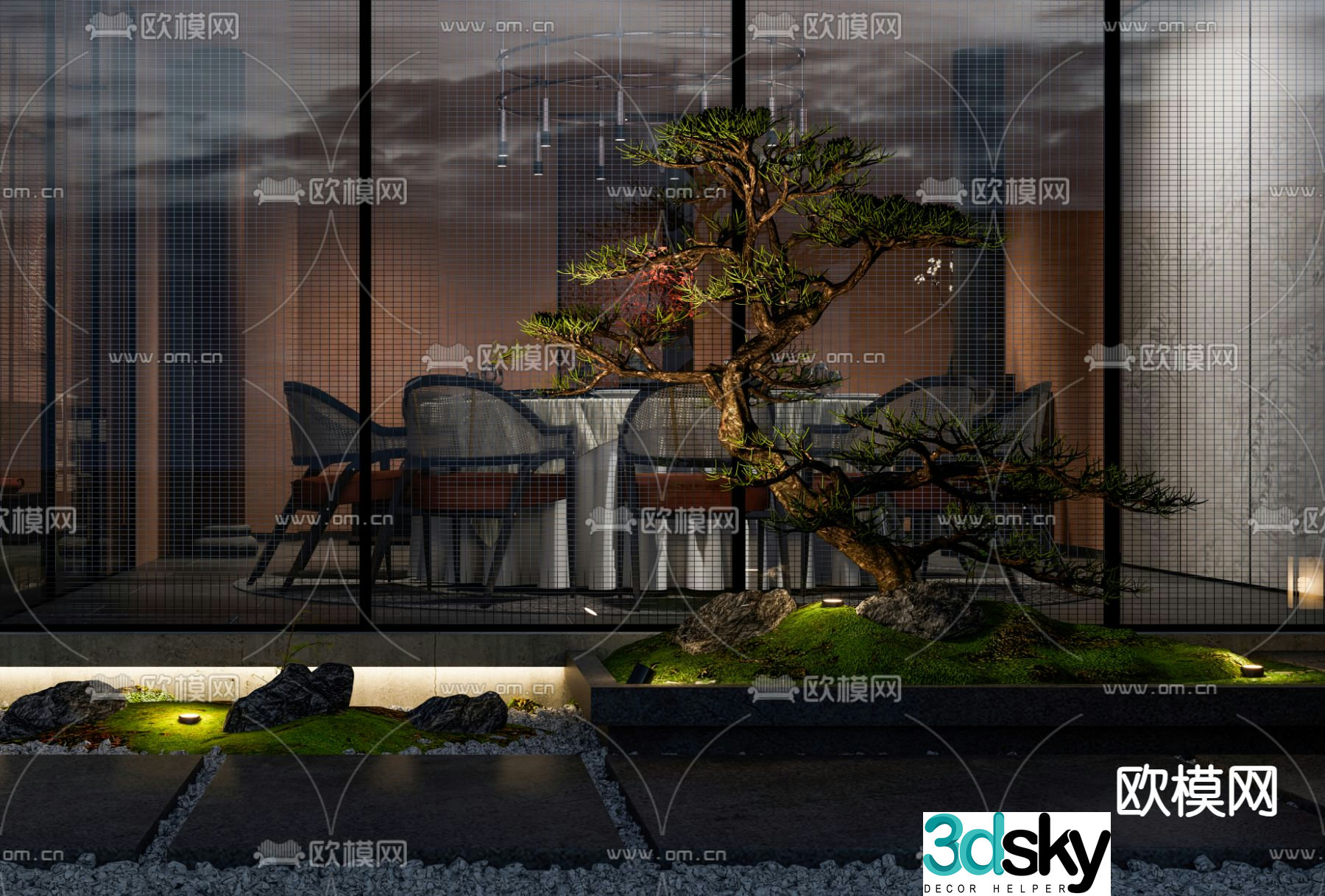 Courtyard landscape sketch pine tree landscaping 3D model