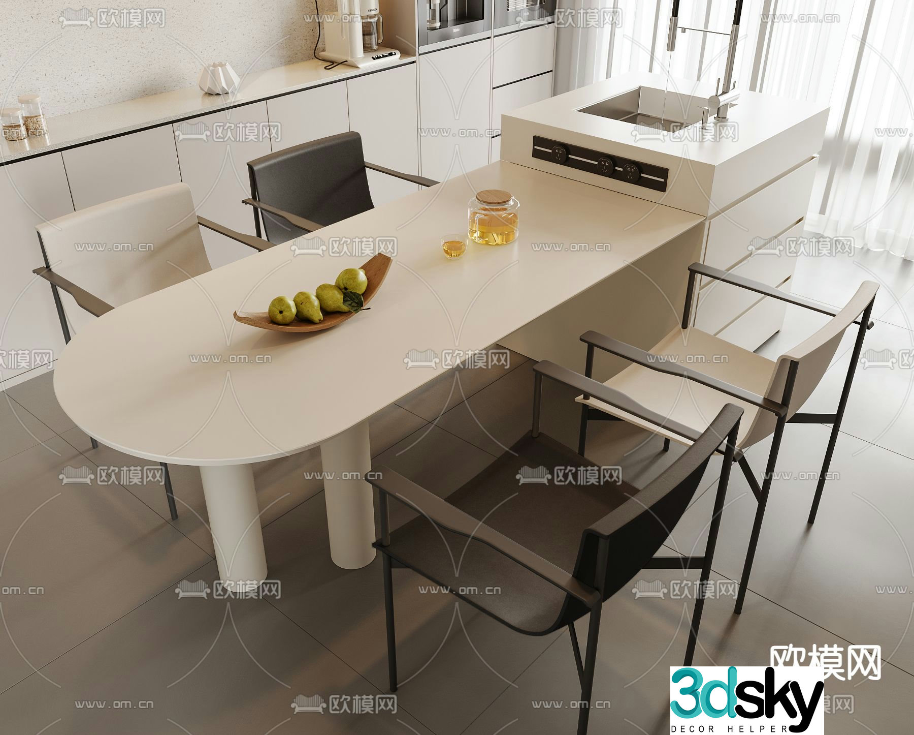 Modern island dining table and chairs 3d model