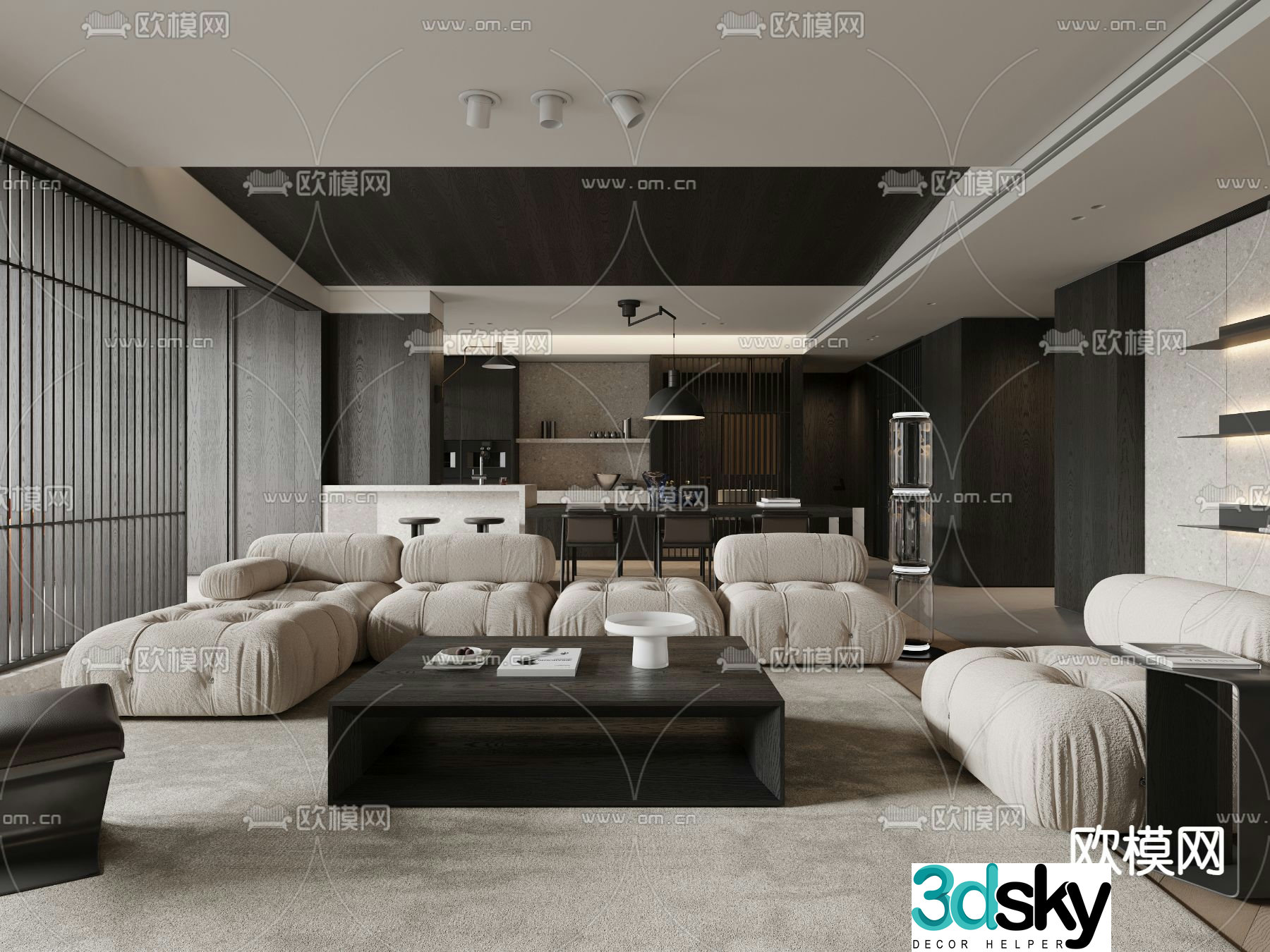Modern living and dining room 3d model
