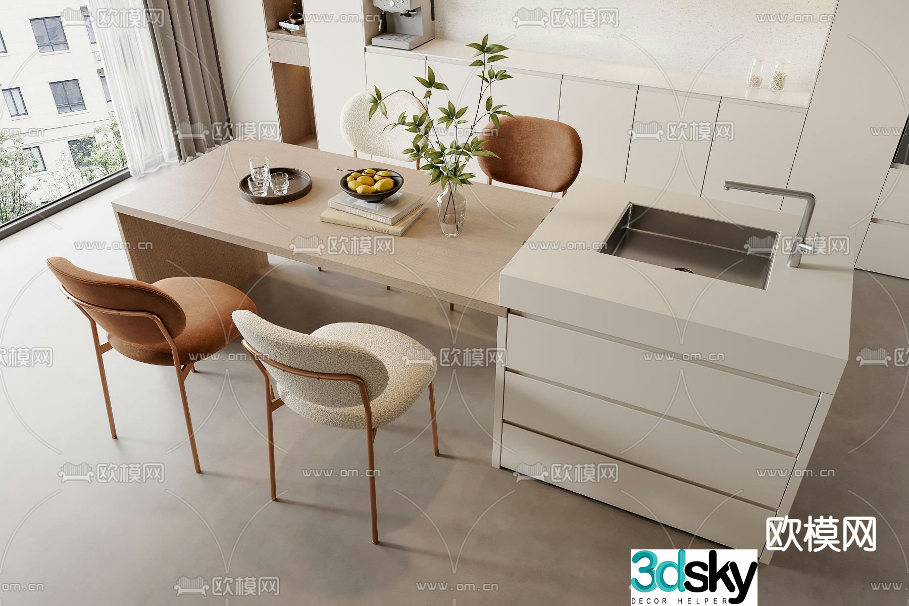 Modern island dining table and chairs 3d model