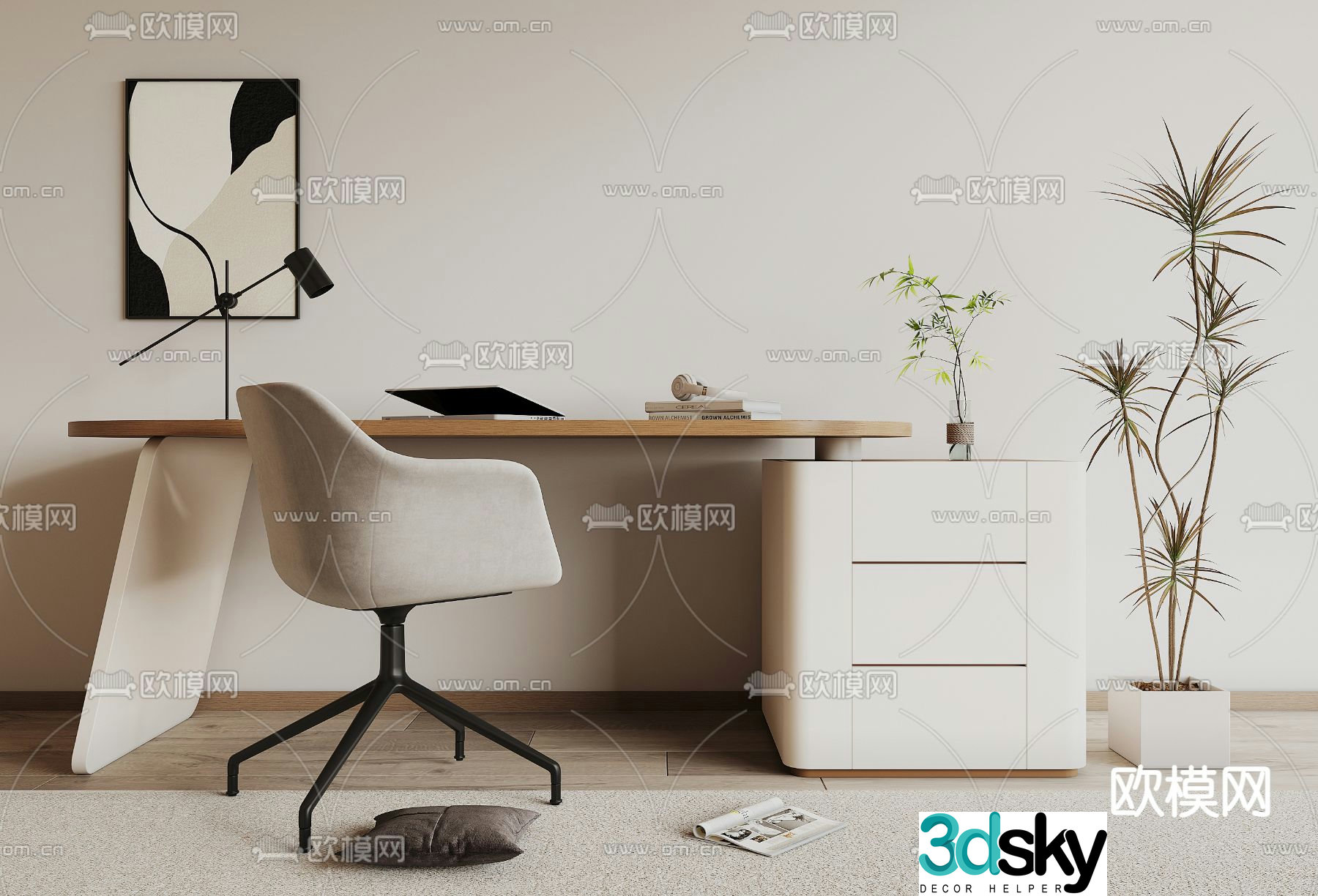 Cream style desk computer desk study table 3d model