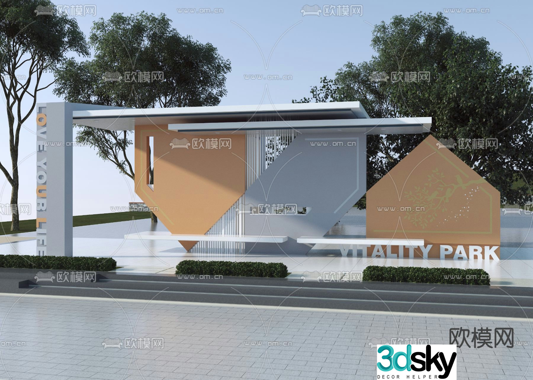 Landscape gallery outdoor promenade public seating 3D model