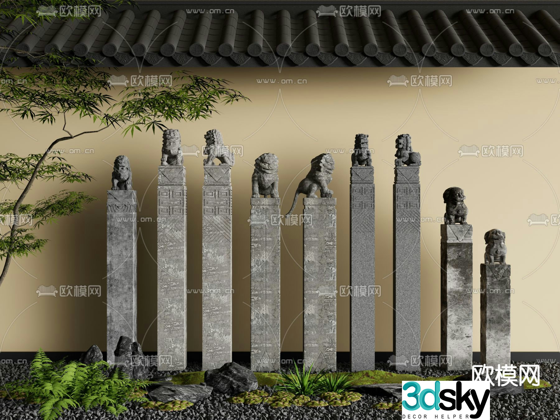 Chinese courtyard sculpture horse-tying post stone lion sketch 3D model