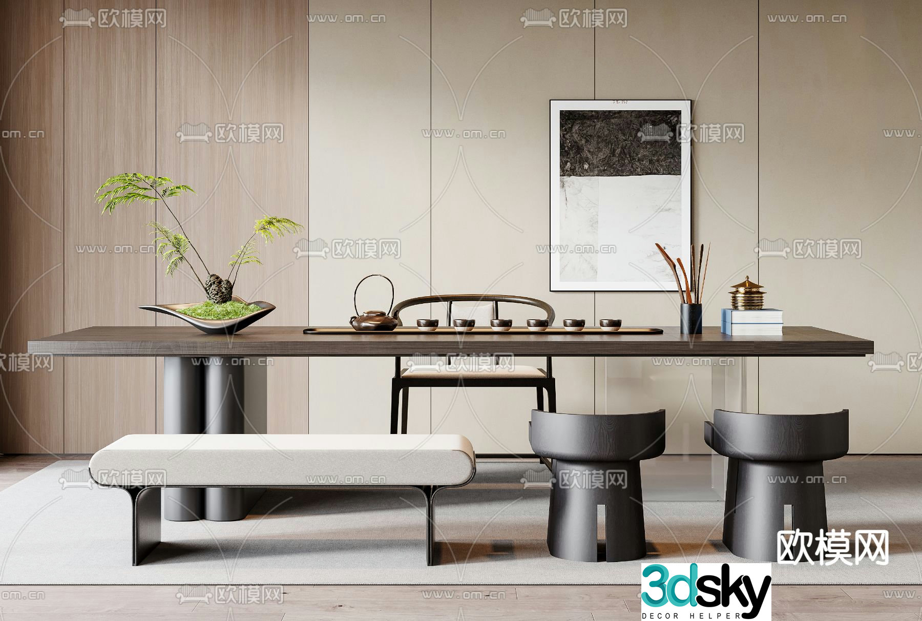 Modern wooden tea table and chairs 3d model