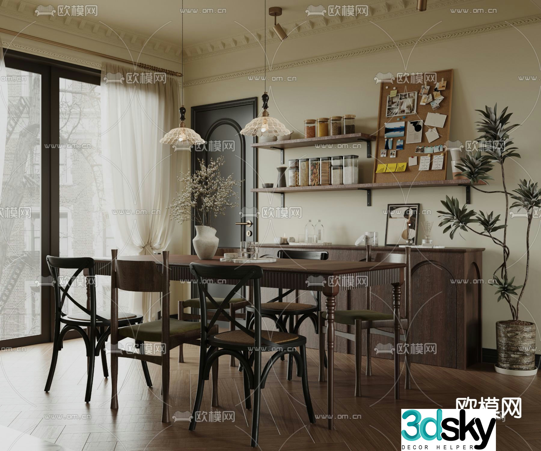 French dining table and chairs rectangular dining table 3d model