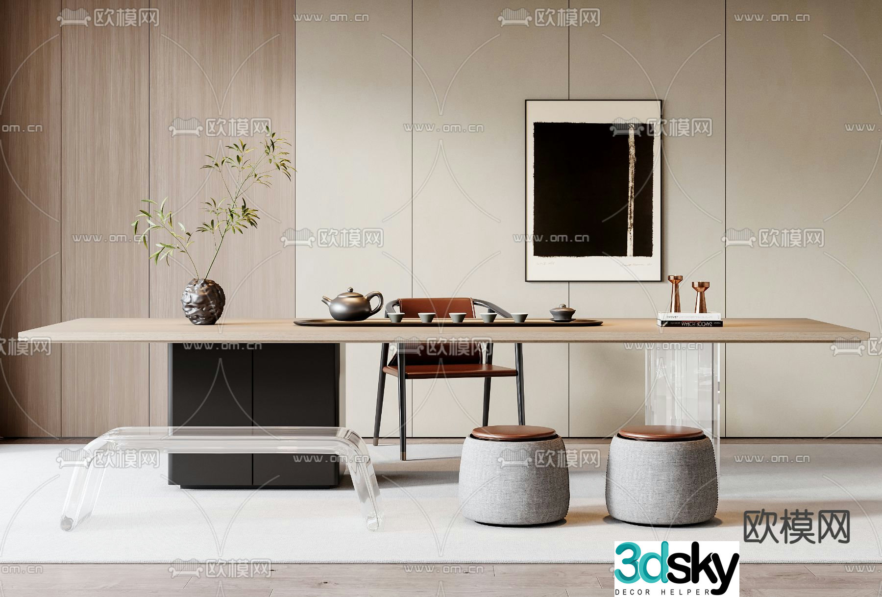 Modern wooden tea table and chair 3d model