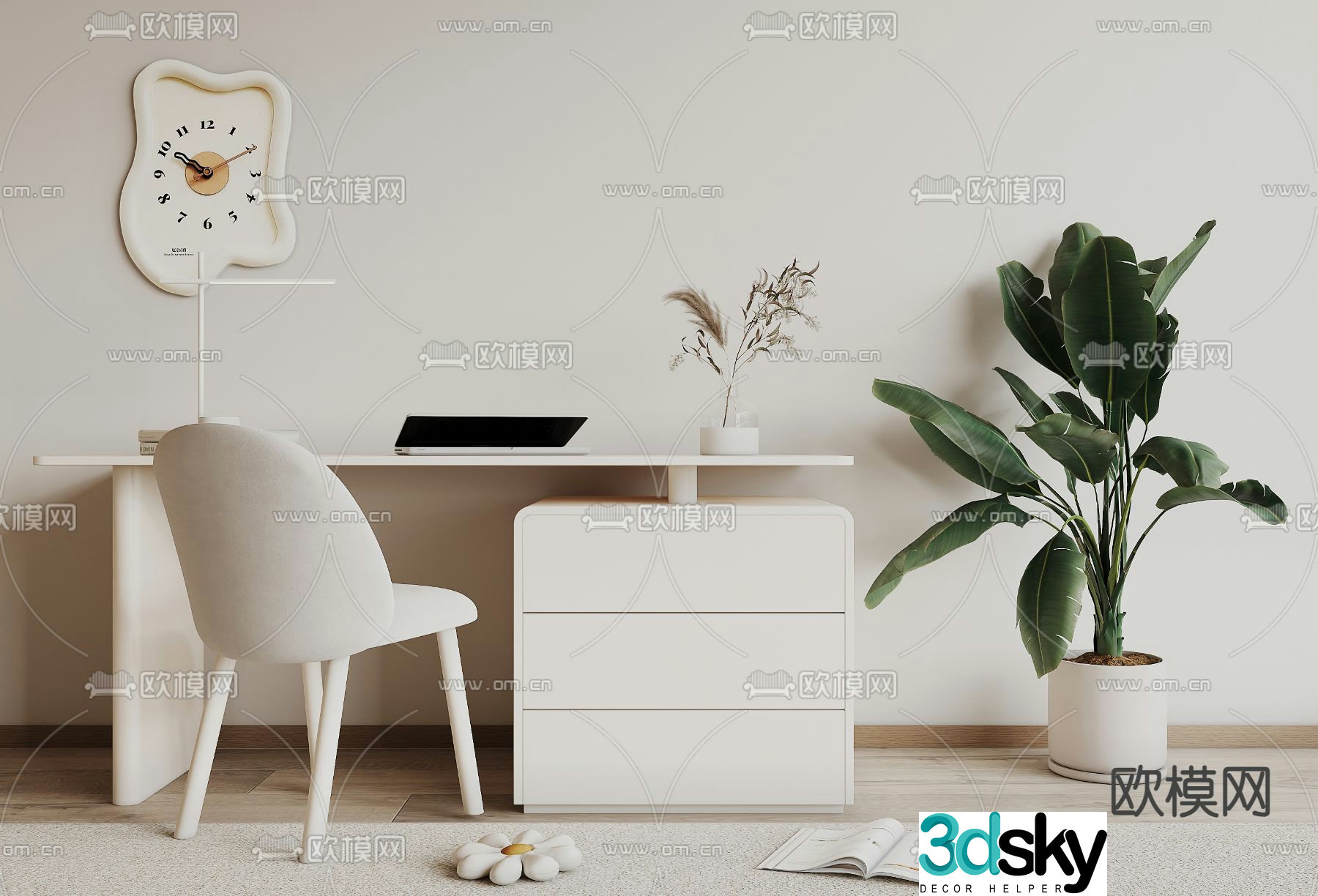 Cream style desk computer desk study table 3d model