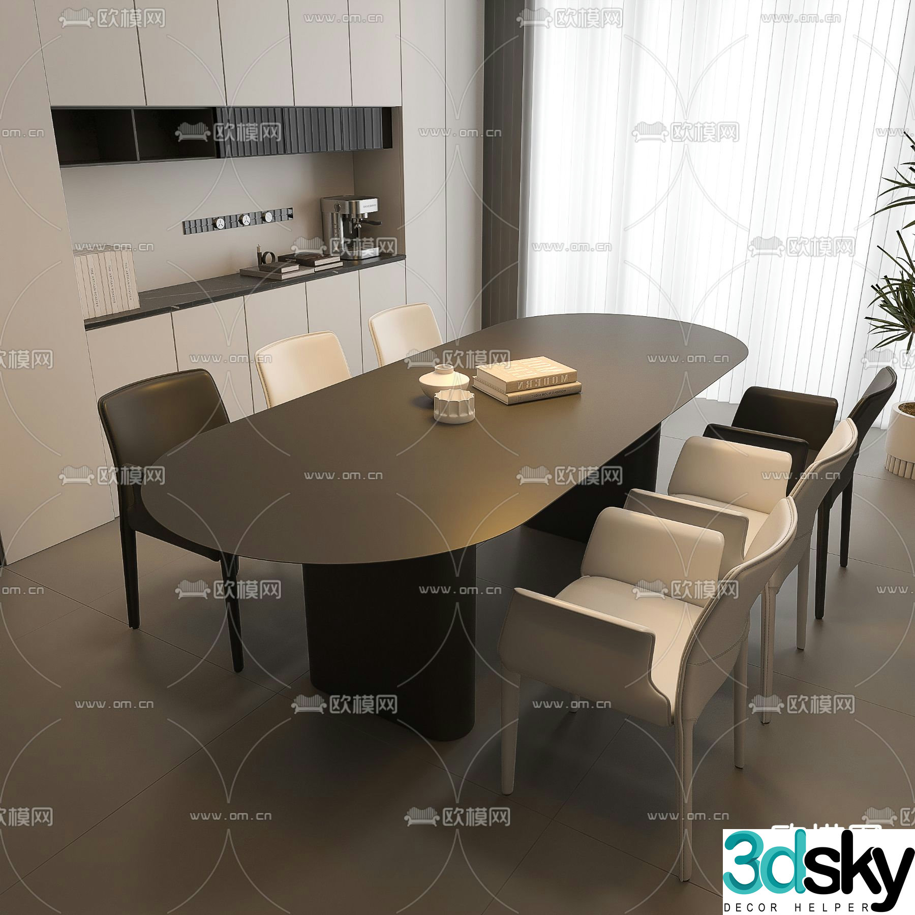 Modern dining table and chairs long dining table and chairs 3d model