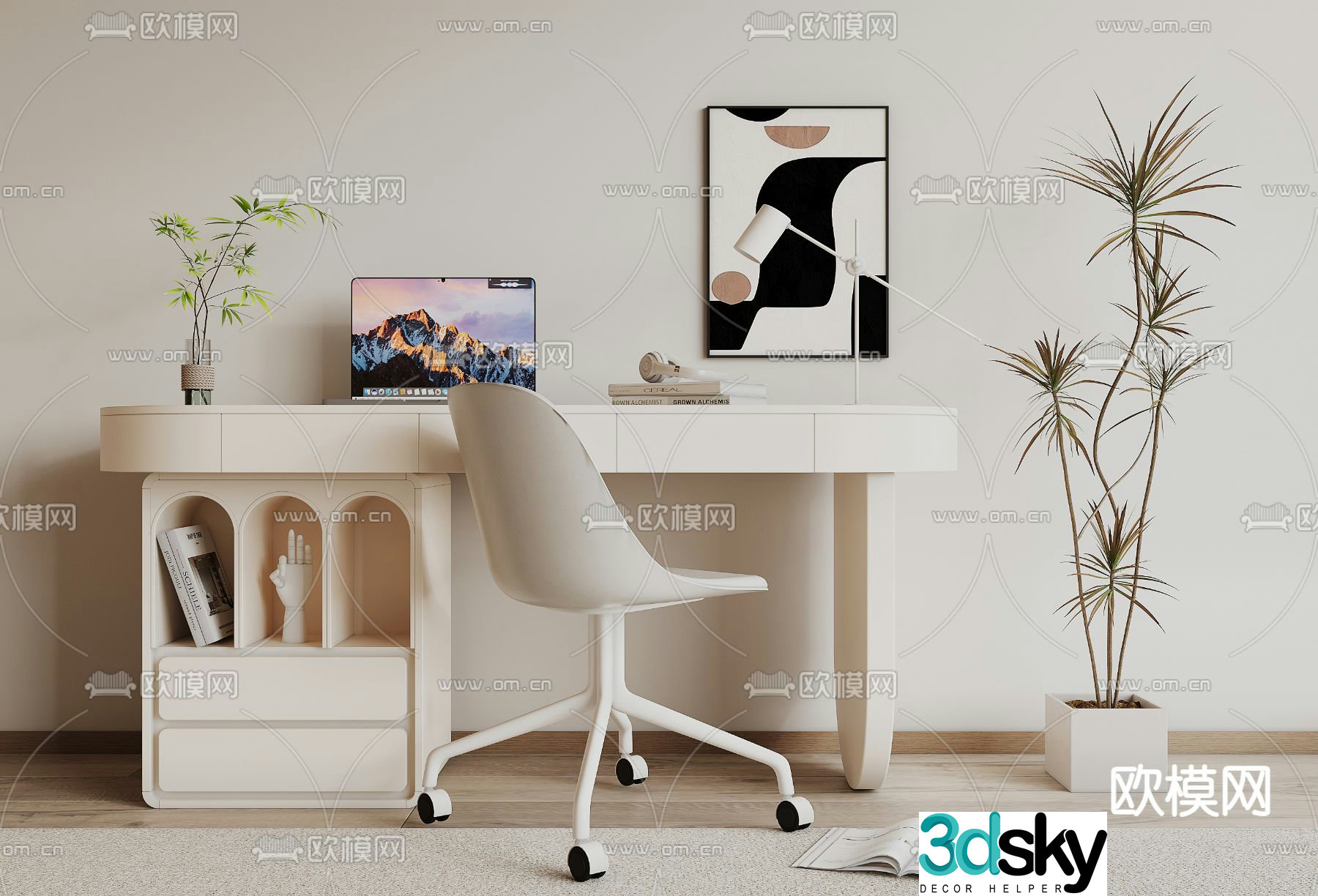 Cream style desk study table 3d model