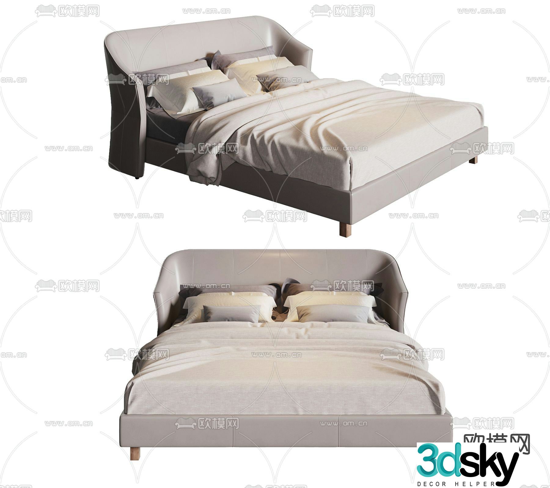 Light luxury leather double bed 3D model