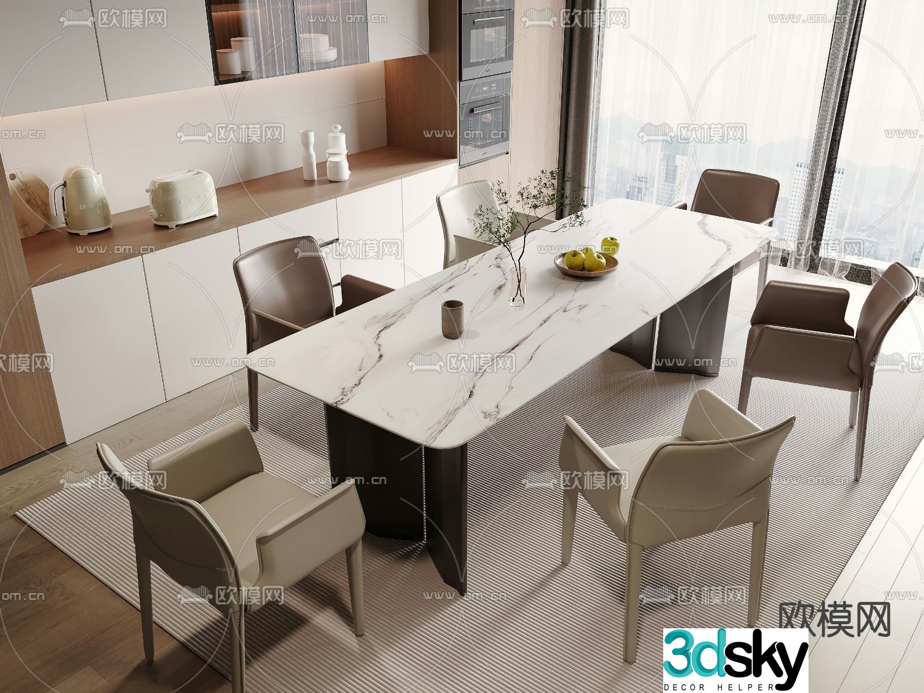 Long dining table and chairs 3d model