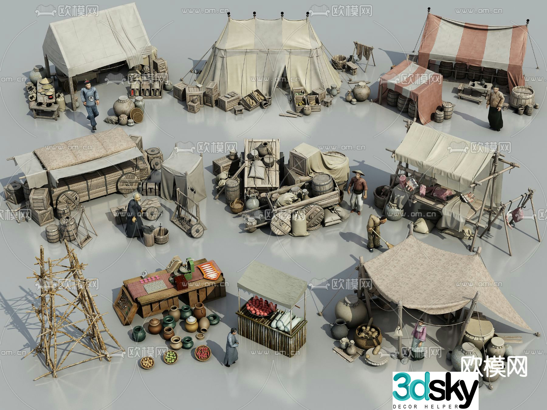 Ancient commercial street sketch ancient stall landscape 3D model
