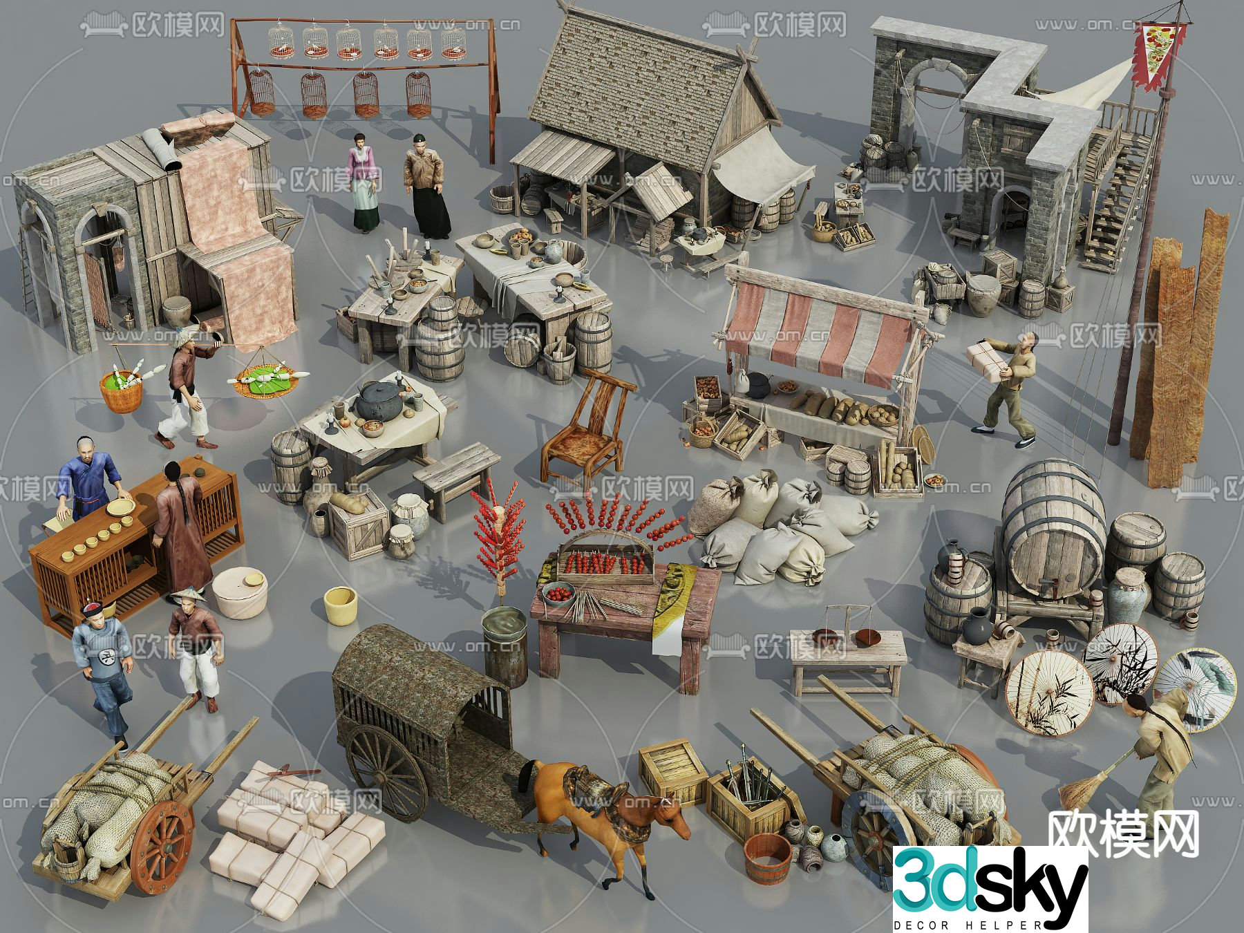 Ancient commercial street sketches 3D models of ancient characters