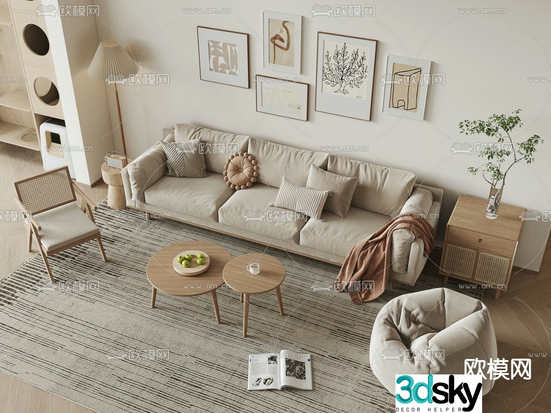 Nordic sofa combination three-person sofa 3D model