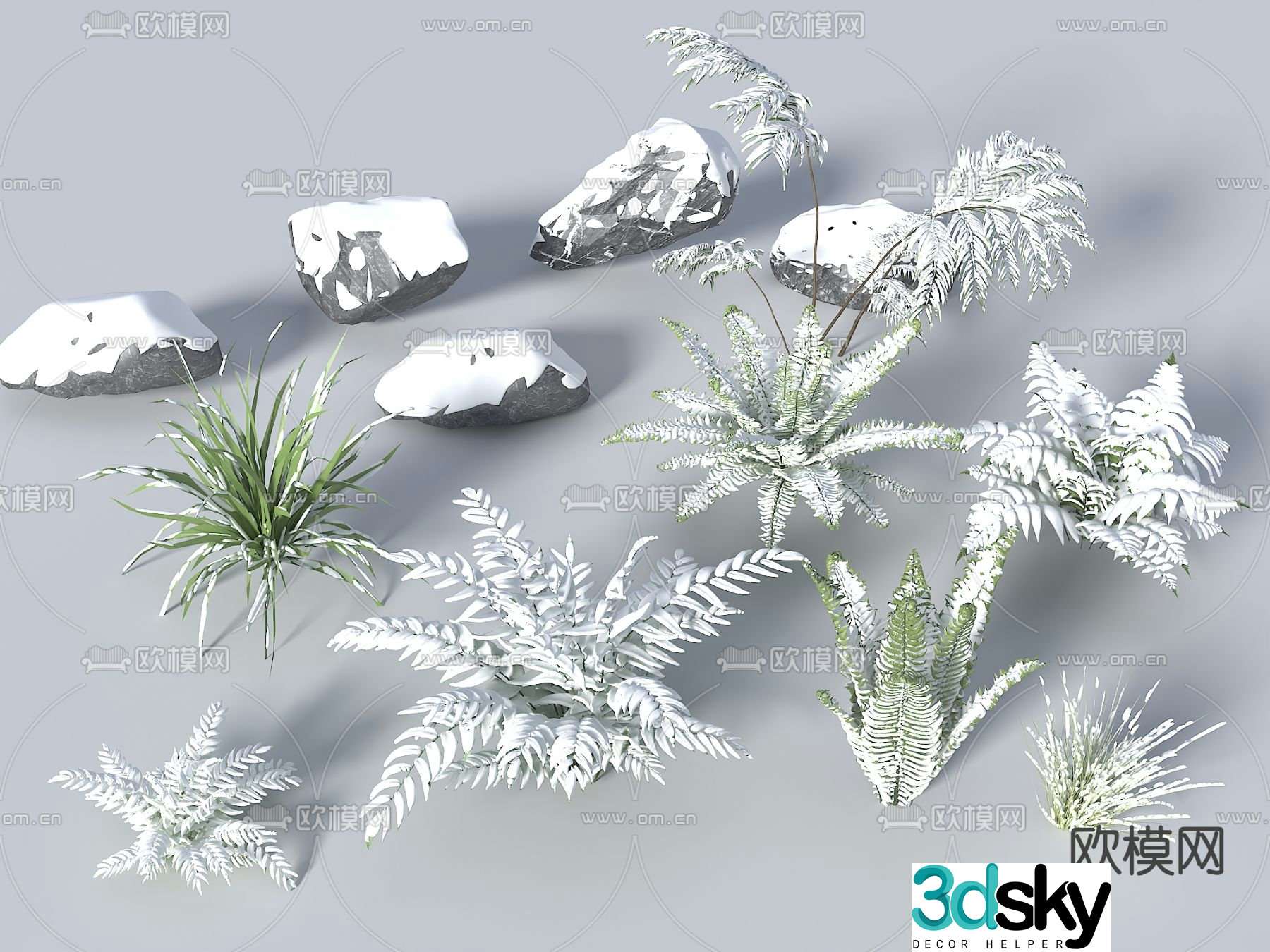 Snow scene stone green plant 3d model