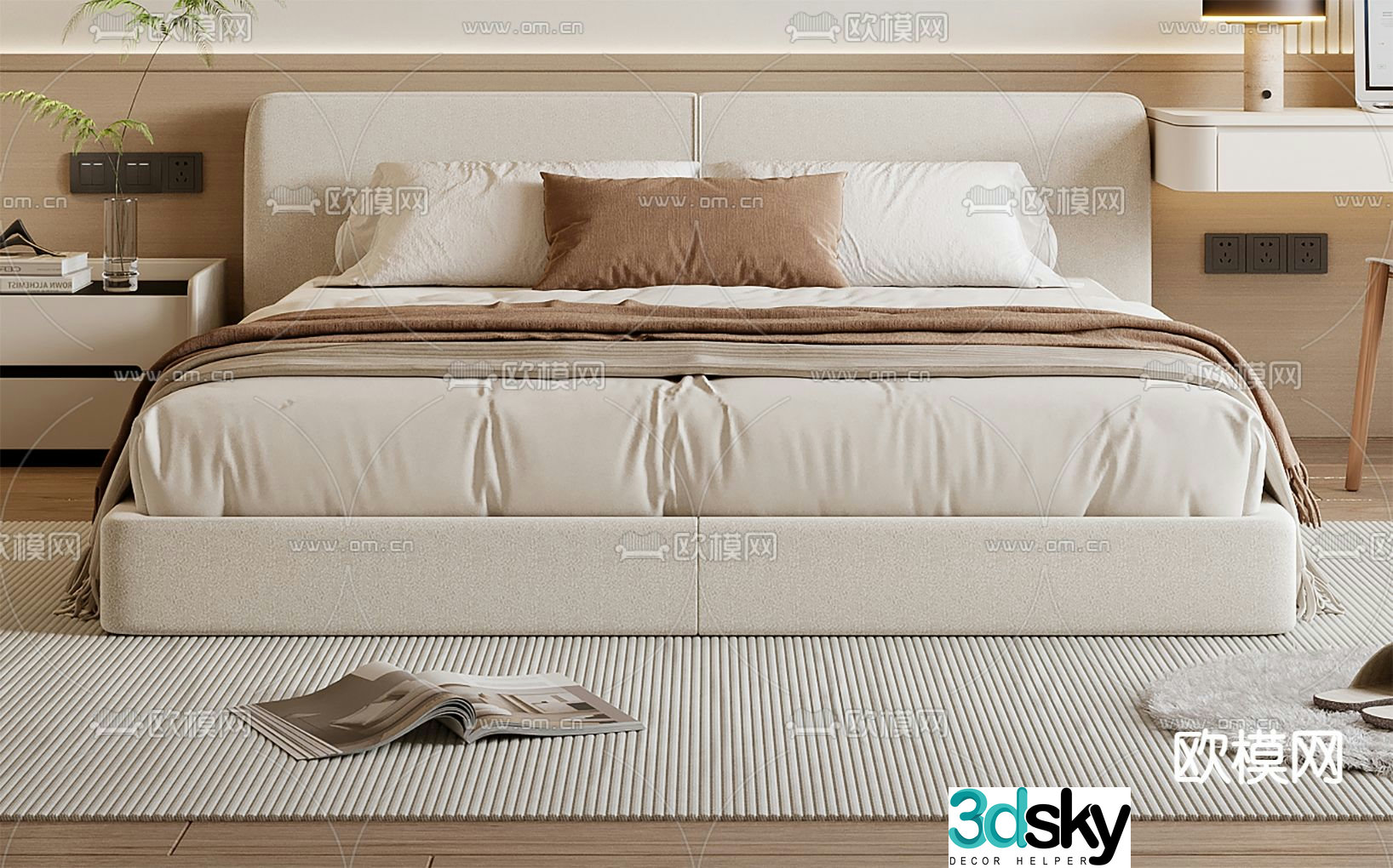 Cream style double bed 3d model