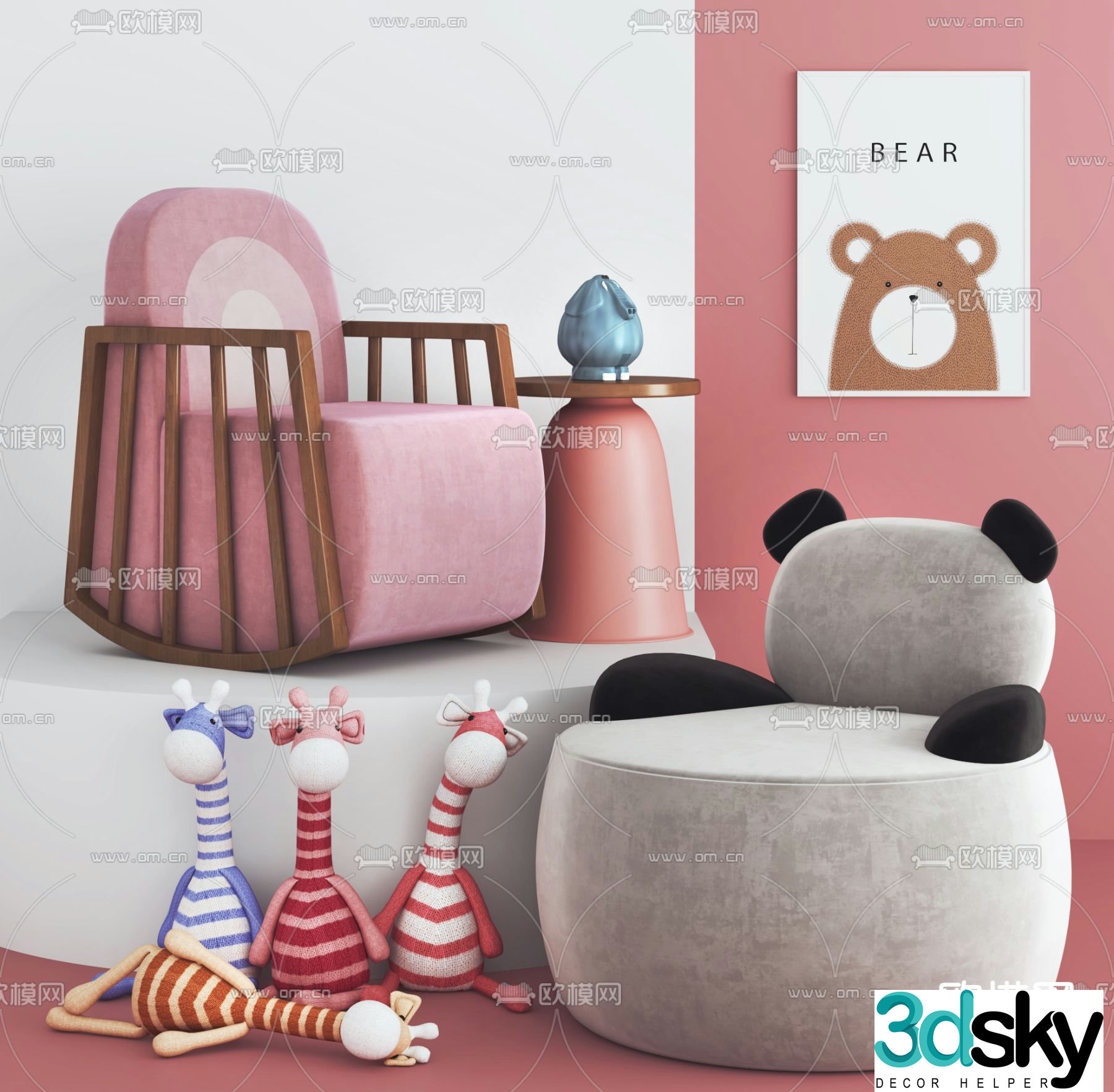 Modern children’s low stool panda low stool 3d model