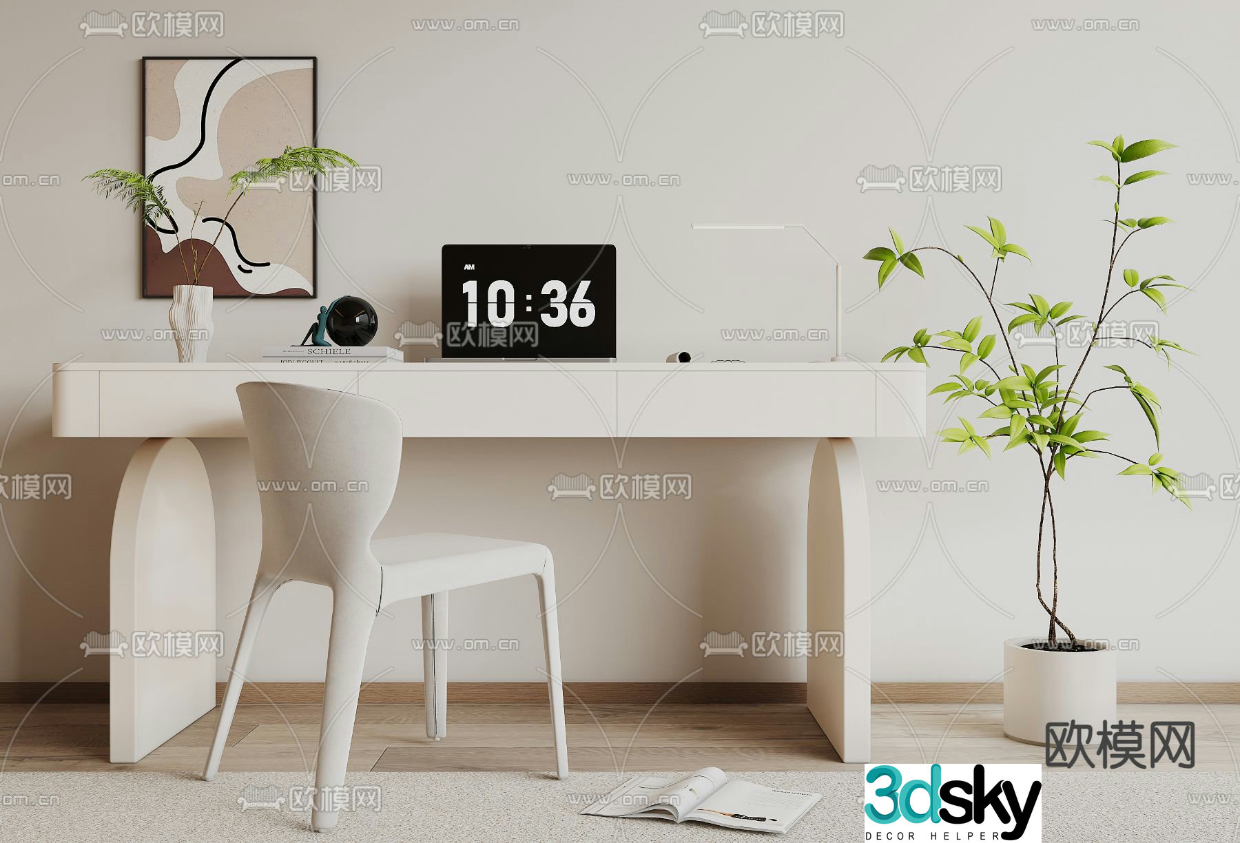 Cream desk desk chair 3d model
