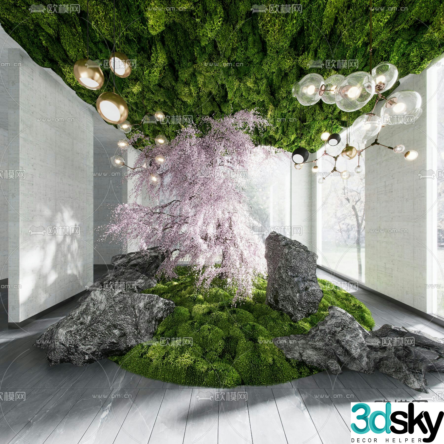 Indoor lichen landscaping cherry blossom tree 3d model