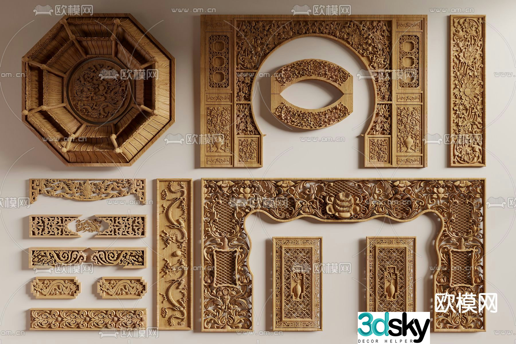 Chinese carving wood carving beam wooden beam bracket mortise and tenon structure 3D model