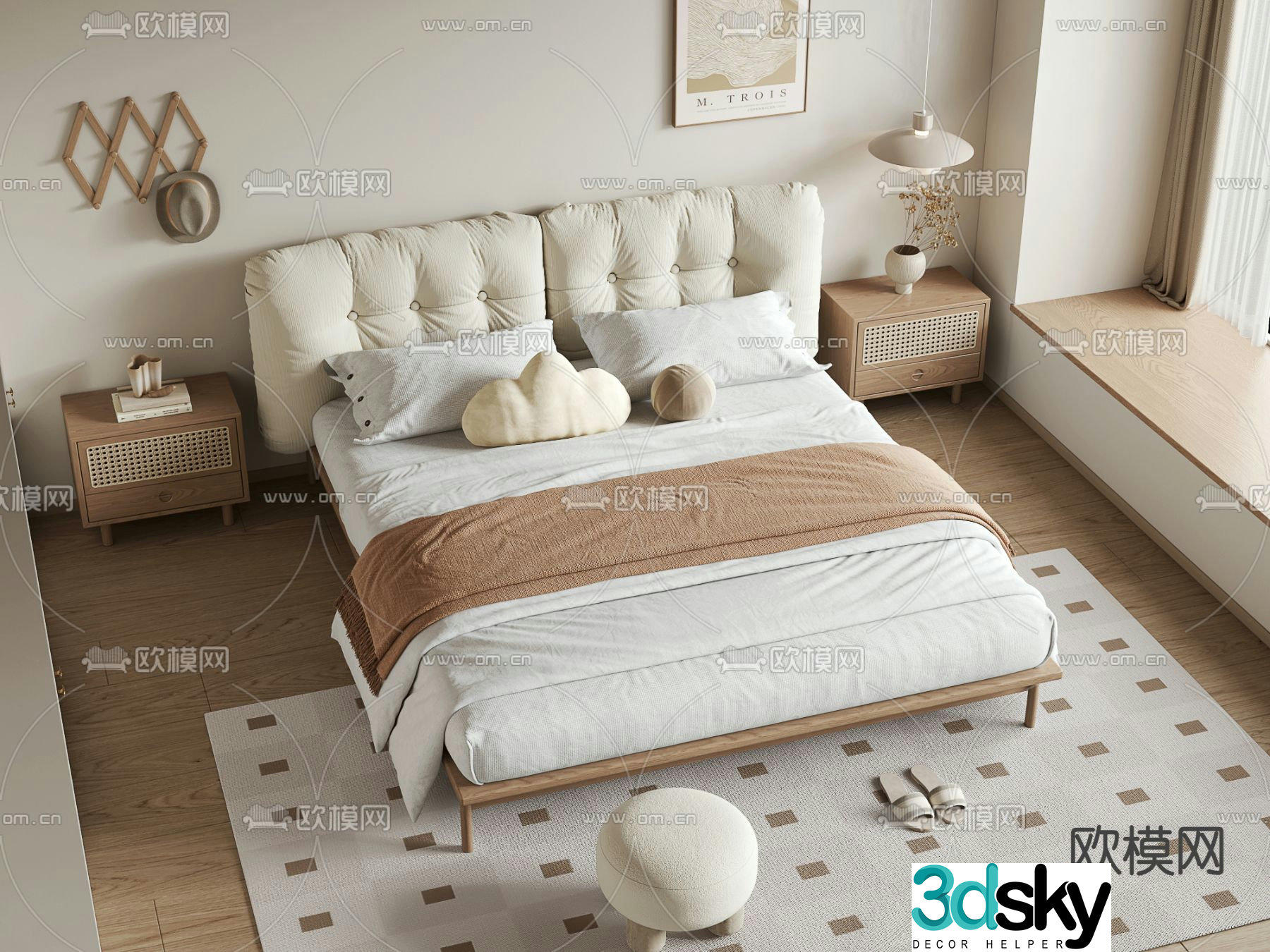 Cream style double bed 3d model